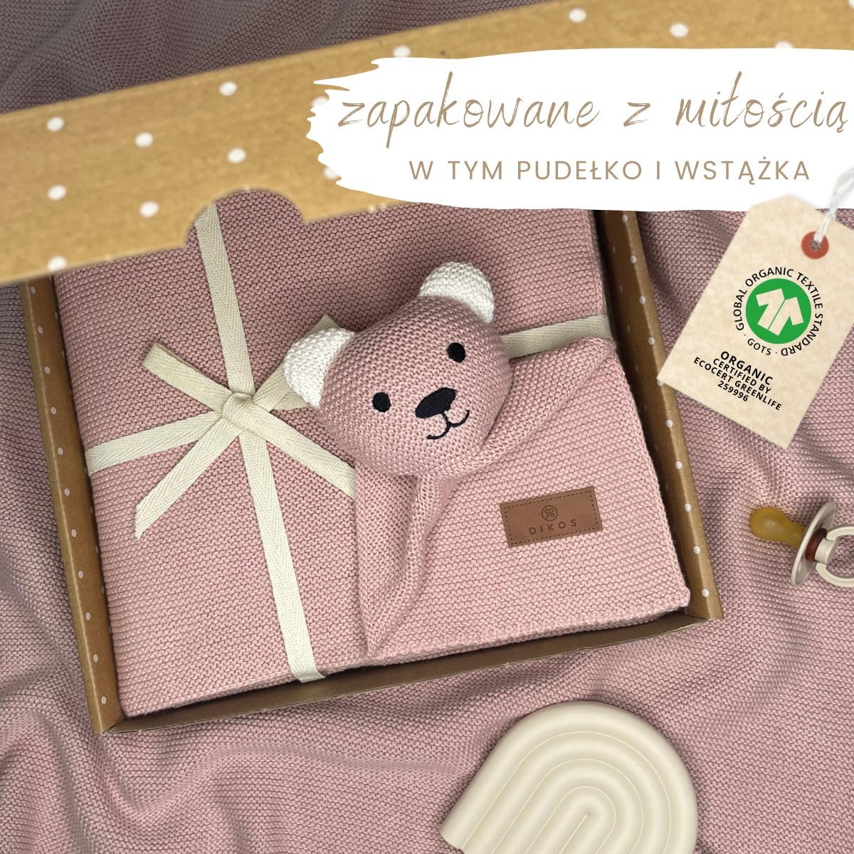 DIKOS Oryginalny kocyk niemowlęcy SCHMUSE-miś (brudny róż) – Premium 2 w 1 dla noworodka przytulny koc i chusta do przytulania – z miękkiej dzianiny ekologicznej (GOTS/Oeko-Tex) – prezent z okazji