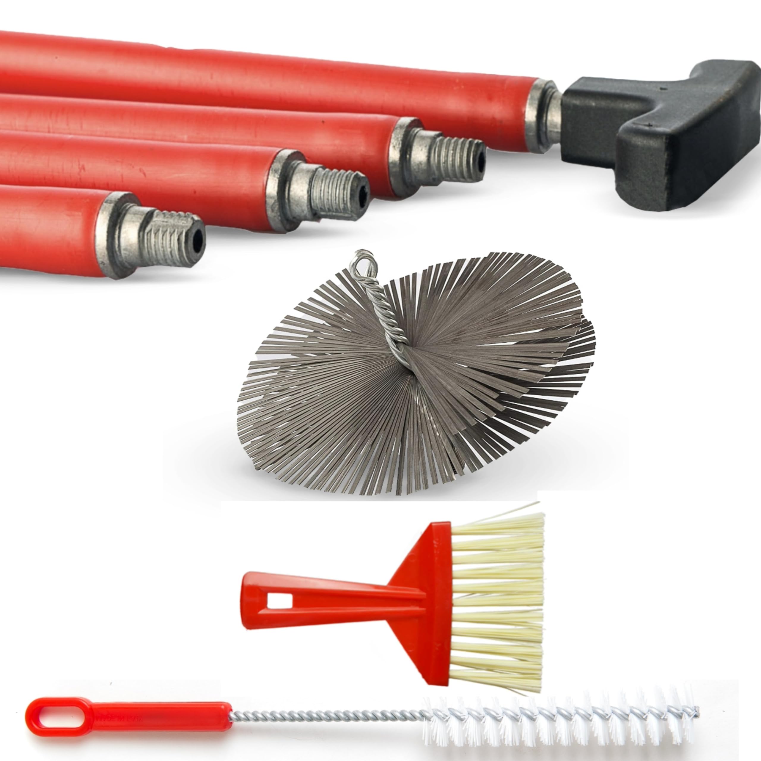 BARETTO Fireplace and Flue Cleaning Kit Ø 250 mm | Steel Brush | 6 m Poles with 45° Curvature | Crustation Removal, Chimney Sweep | Multipurpose Brush and Brush - 1