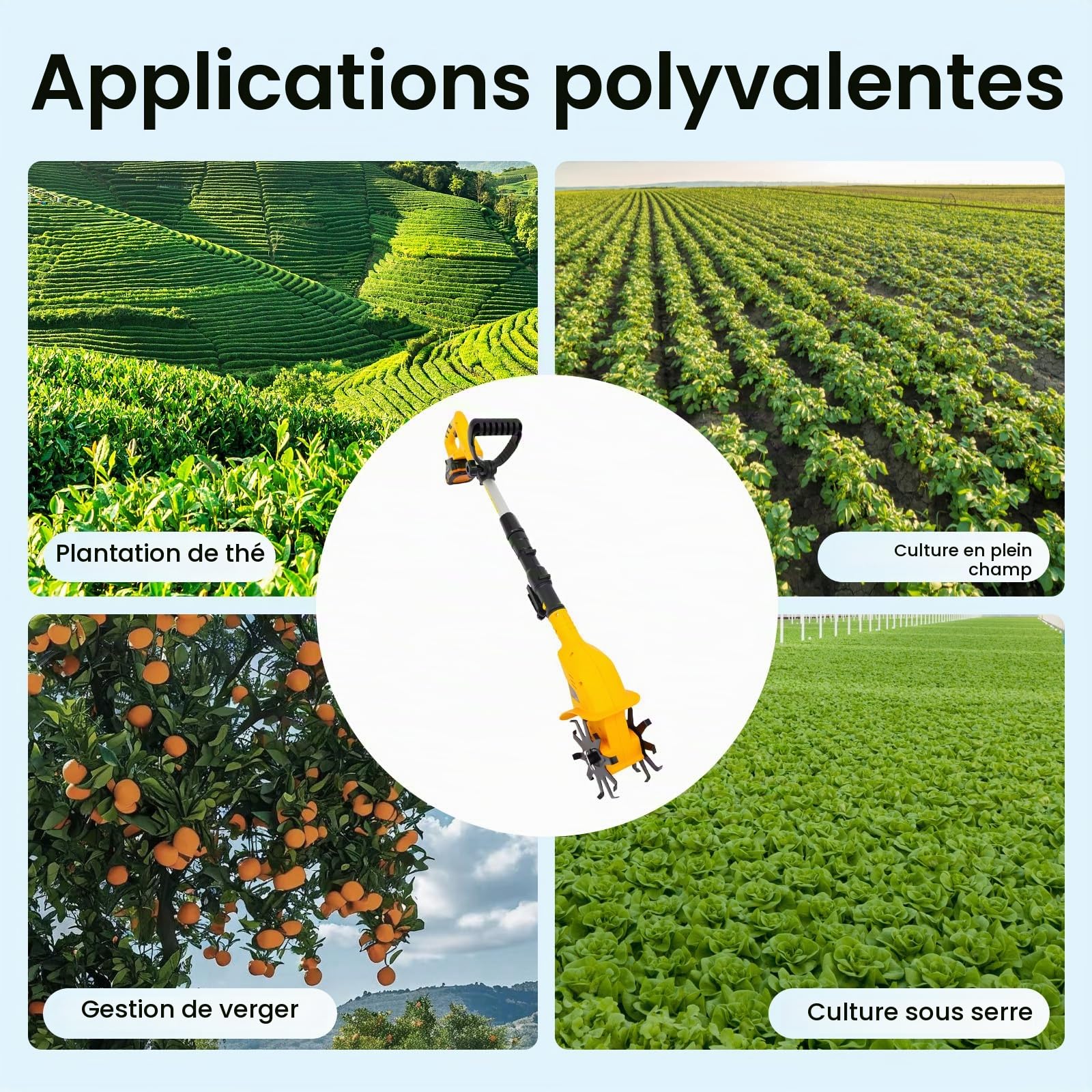 Mini motoculteur 20 V 2000 mAh Motoculteur manuel 250 tr/min Motobineuse sans fil avec batterie au lithium 20 V pour labourer, pailler et mauvaises herbes, largeur de travail 10 cm 17 cm
