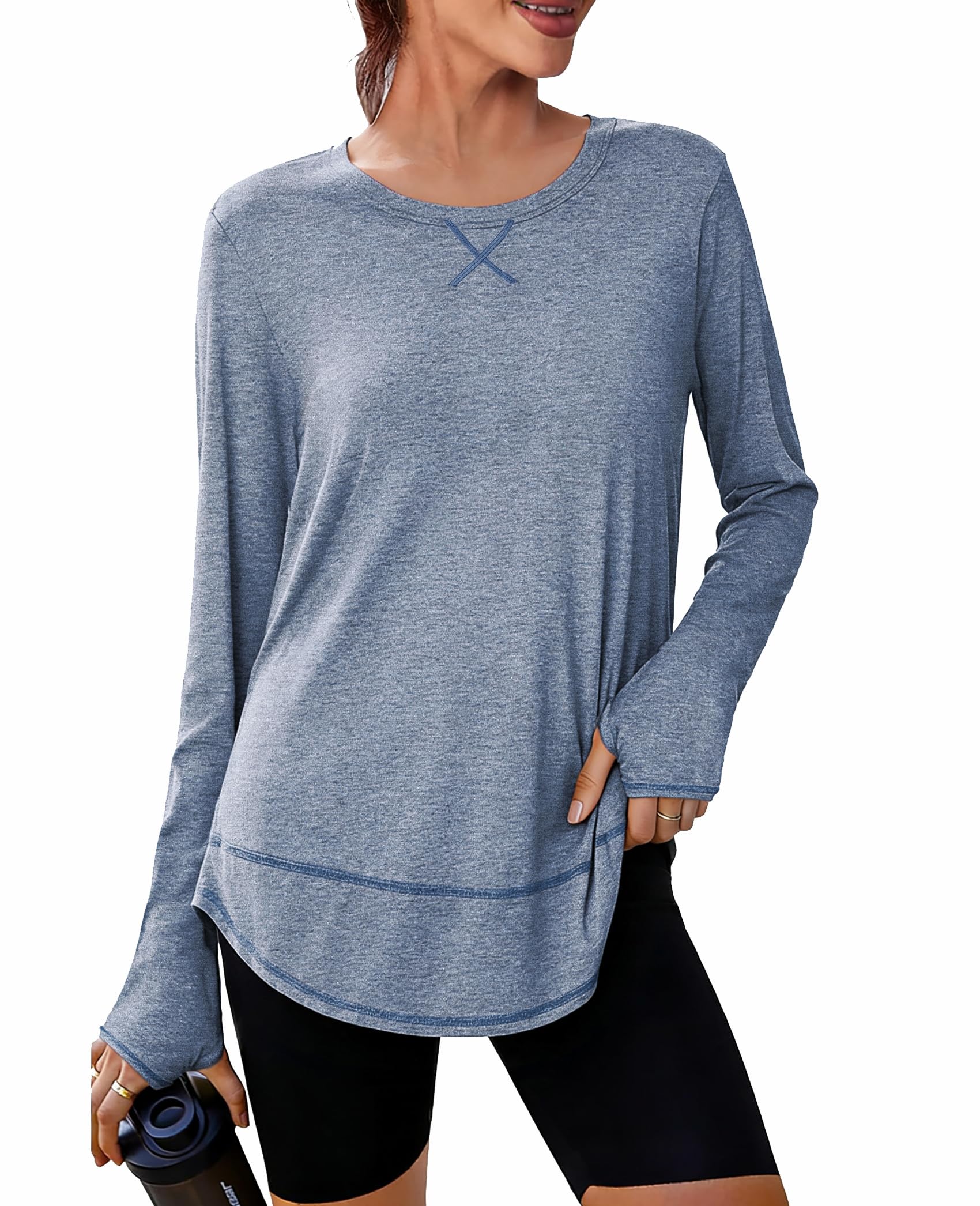 Terecey Sportshirt Damen Langarm Funktionsshirt Laufshirt Locker Atmungsaktive Langarmshirt Wandershirt Locker Fitness Yoga Workout Sport Oberteile mit Daumenloch S-3XL