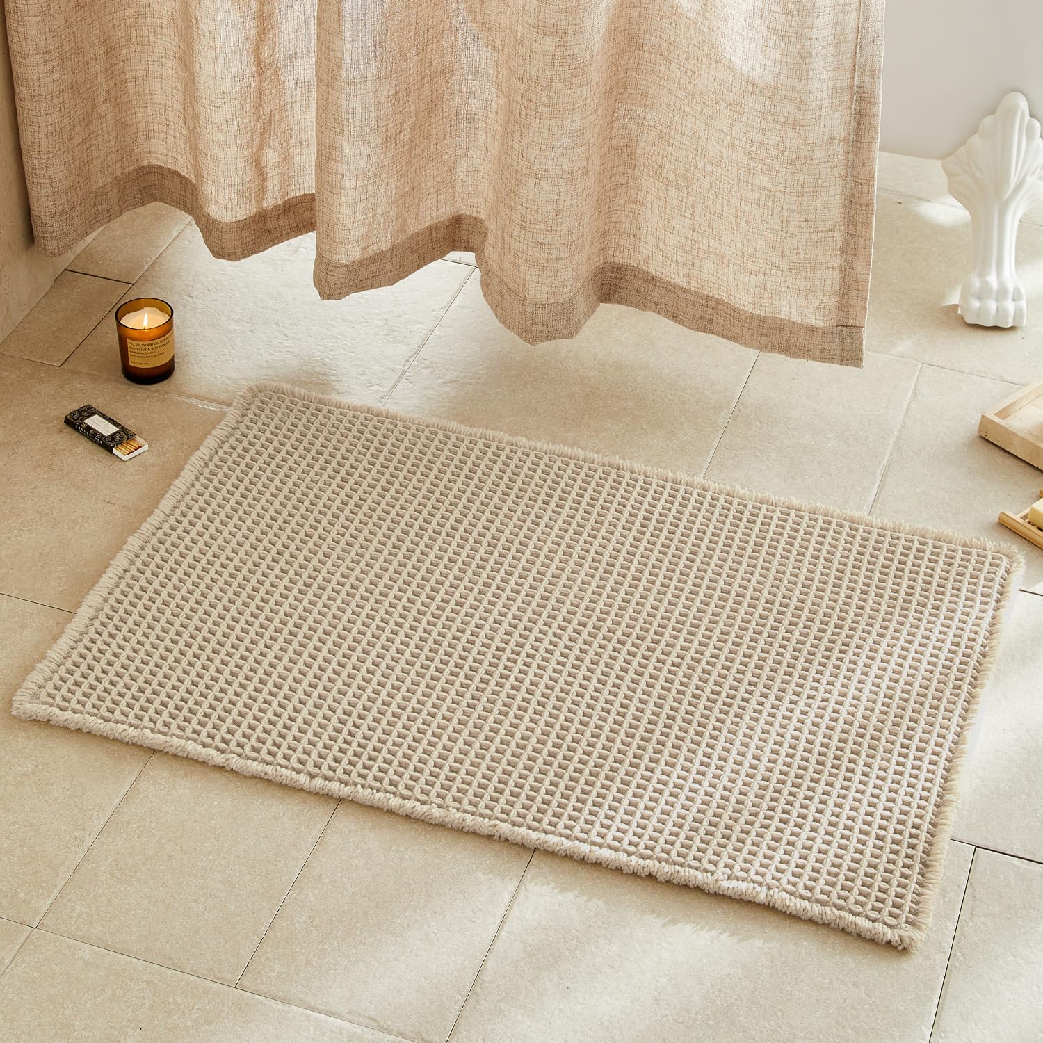 TYUU Waffle Bath Mat, Boho Bathroom Rugs Non Slip, 36x24 Pale Beige