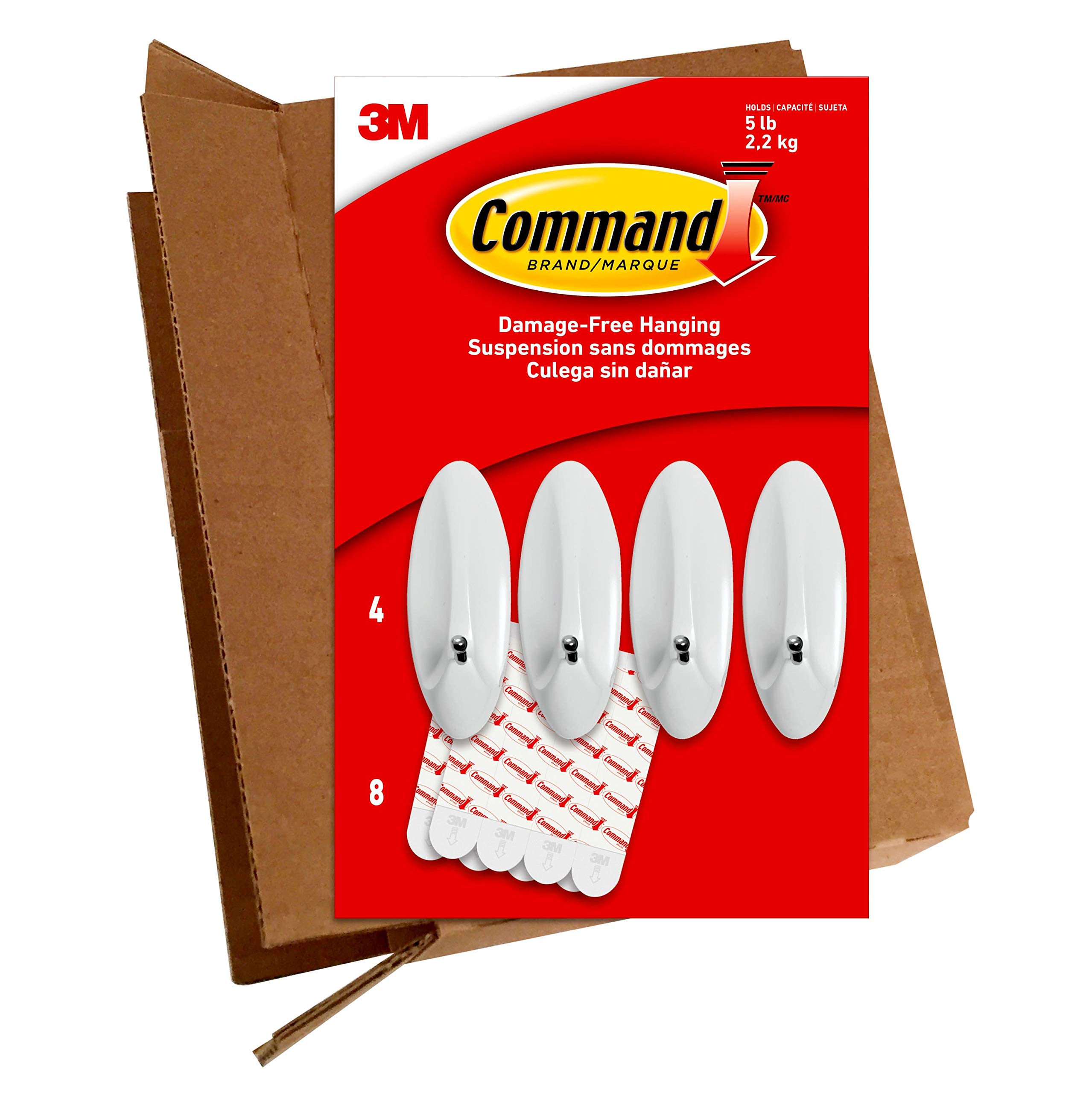Command Large Wire Hooks, 4 Hooks, 8 Strips, Holds up to 5 Pounds, GP069-4NA, Easy to Open Packaging