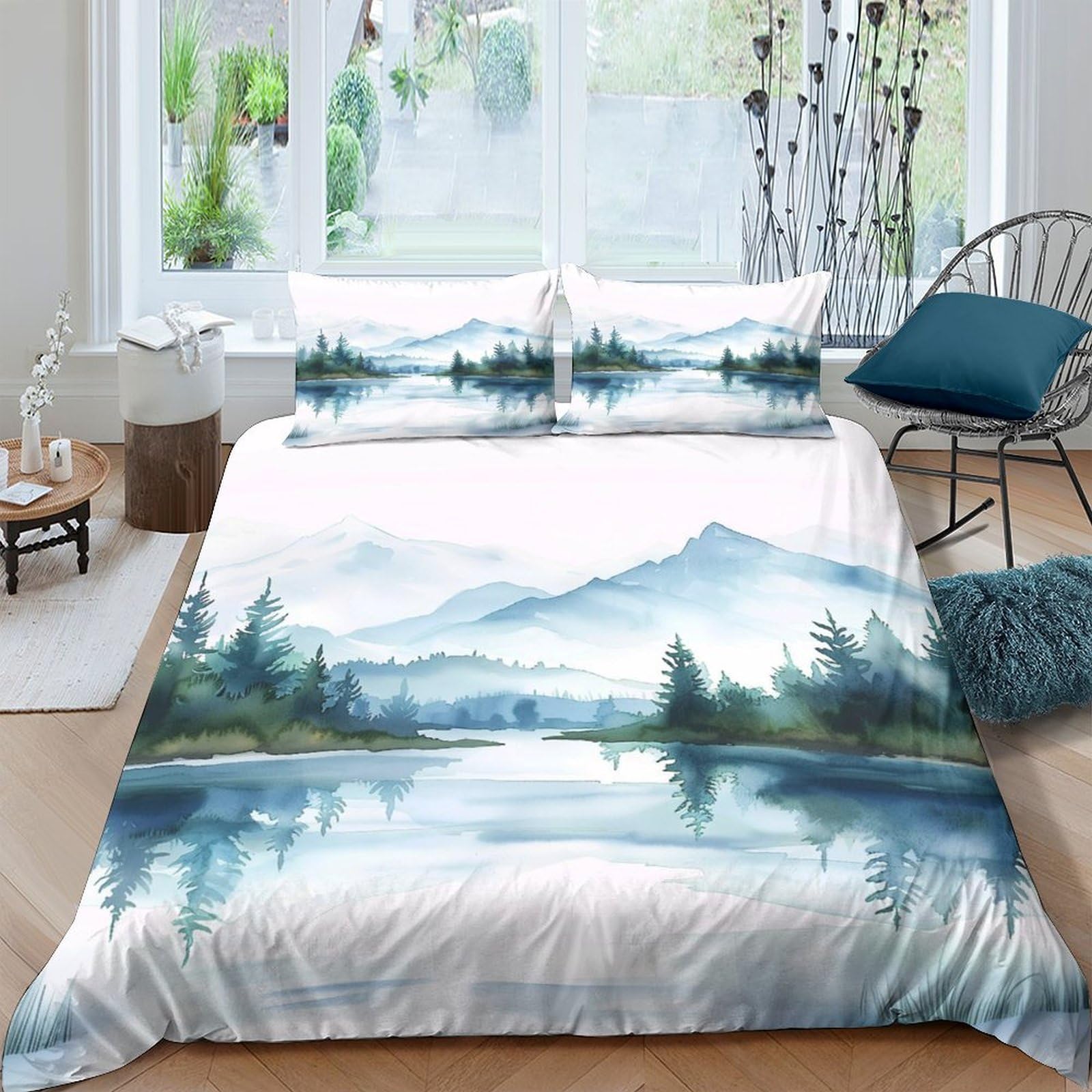 Ctjqhvkz Style-3 3D Printed Mountain Lake Fitted Sheet Microfiber Soft Scenic Forest Bed Cover For Bedroom Guest Room Decor Single（135X200cm）