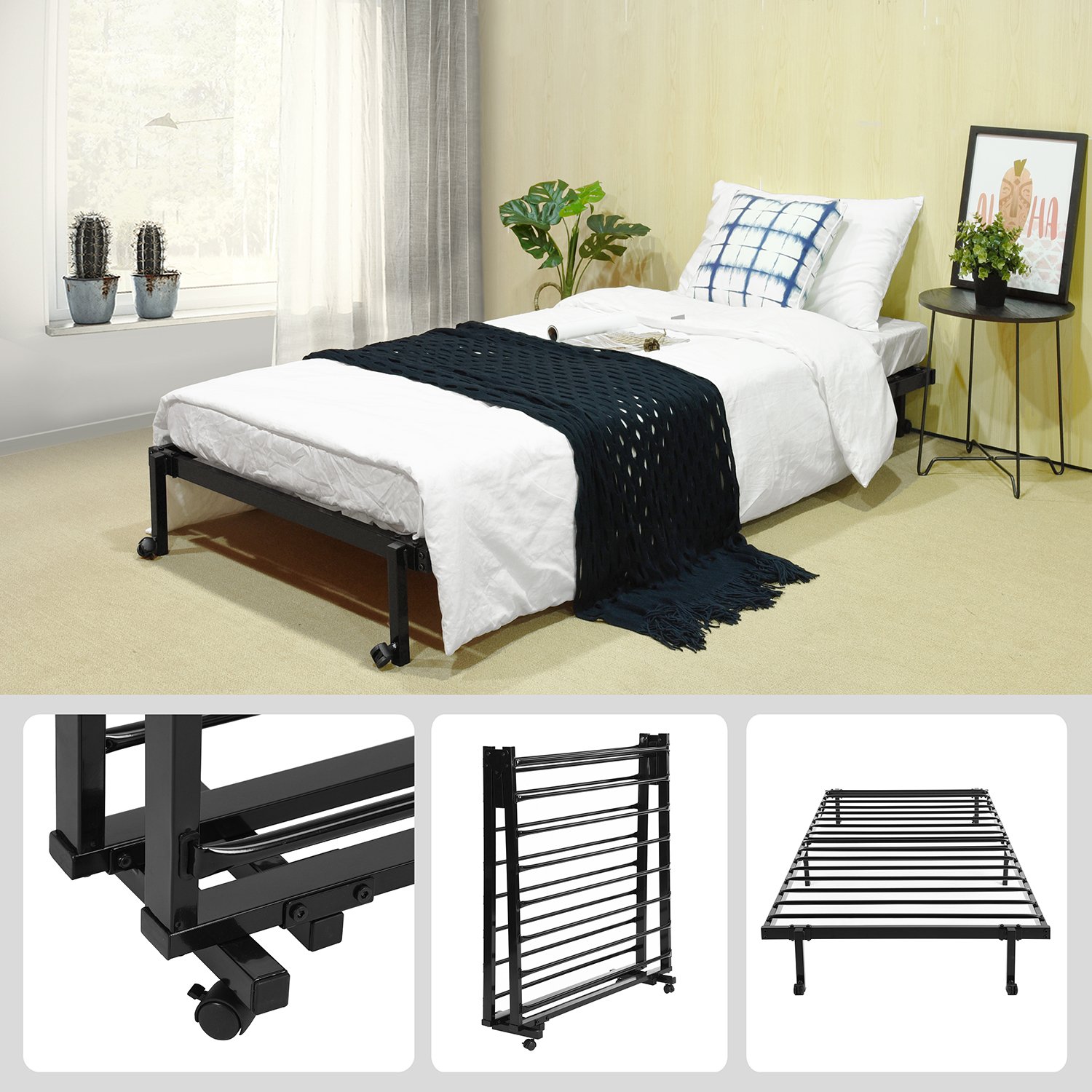 FetiNes Opklapbed ledikant 90 x 190 eenpersoonsbed bedframe lattenbodem zonder montage metalen bed logeerbed met 4 wielen, zwart