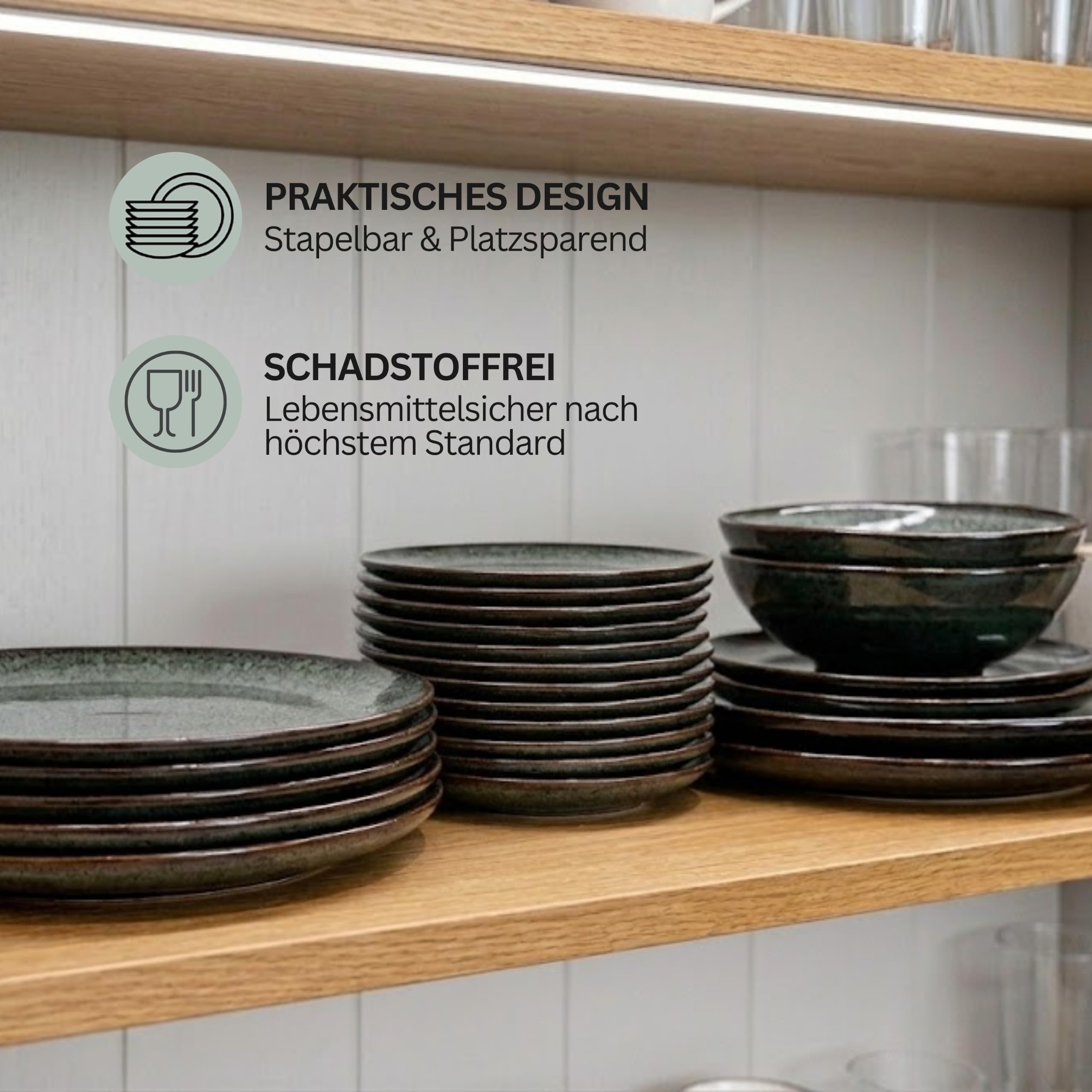 SÄNGER | Teller Set Kopenhagen 12 tlg, Steingut Geschirr Set 4 Personen, Tafelservice inkl. Essteller Frühstücksteller & Tiefe Teller, Speiseteller Set Spülmaschinenfest Grün Grau | PREMIUM COLLECTION