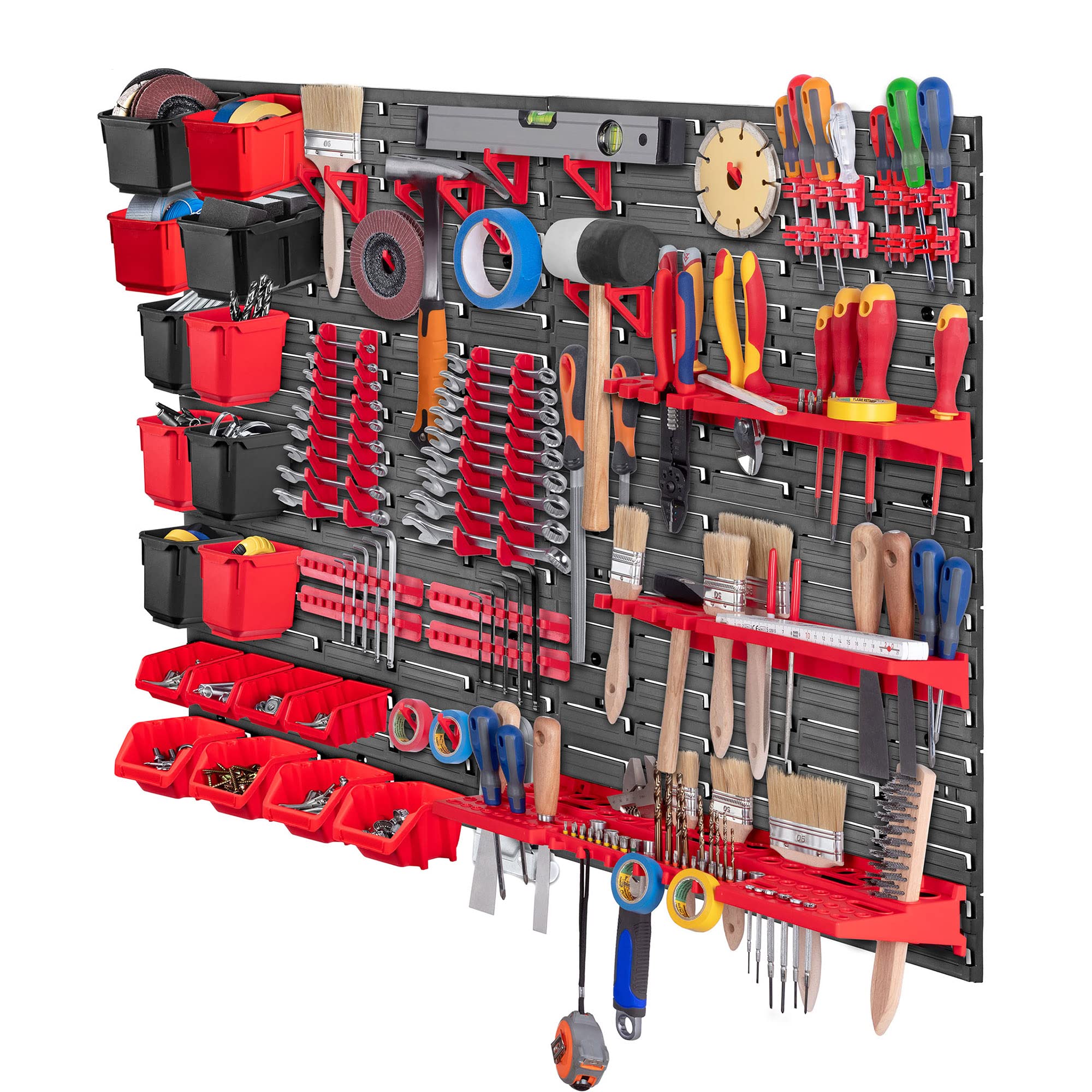 KADAX Étagère murale d'atelier, 116 x 78 cm, Système de rangement en plastique robuste, Étagère d'atelier résistante aux UV, Plaques murales extensibles, Étagère à glissière pour garage, (Rouge, 61