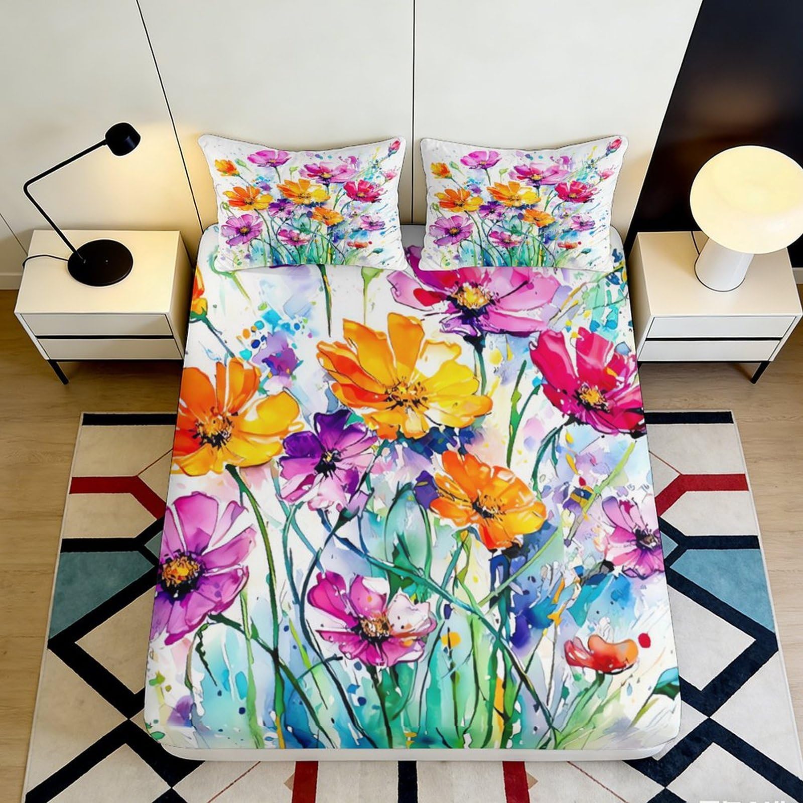 3D Printed Watercolor Floral Fitted Sheet Microfiber Soft Breathable Abstract Flower Mattress Cover for Bedroom Guest Room Decor 180x200x25cm