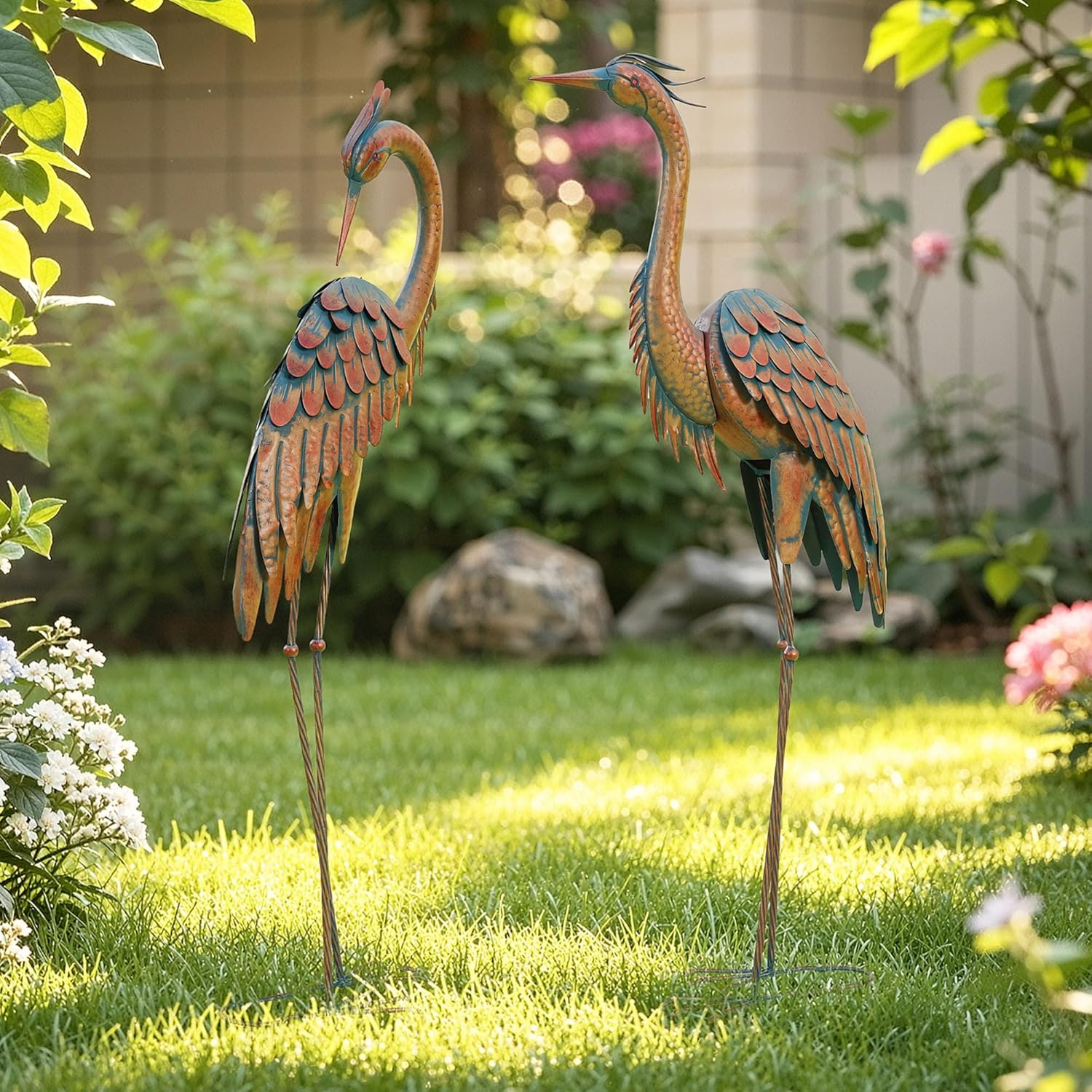 45.3" Tall Extra Large Metal Crane Decor, Handcrafted Distressed Bronze Heron Sculpture with 4-Piece Secure Ground Stakes, Vintage Charm Outdoor Garden Statue Yard Art for Patio & Backyard Decor