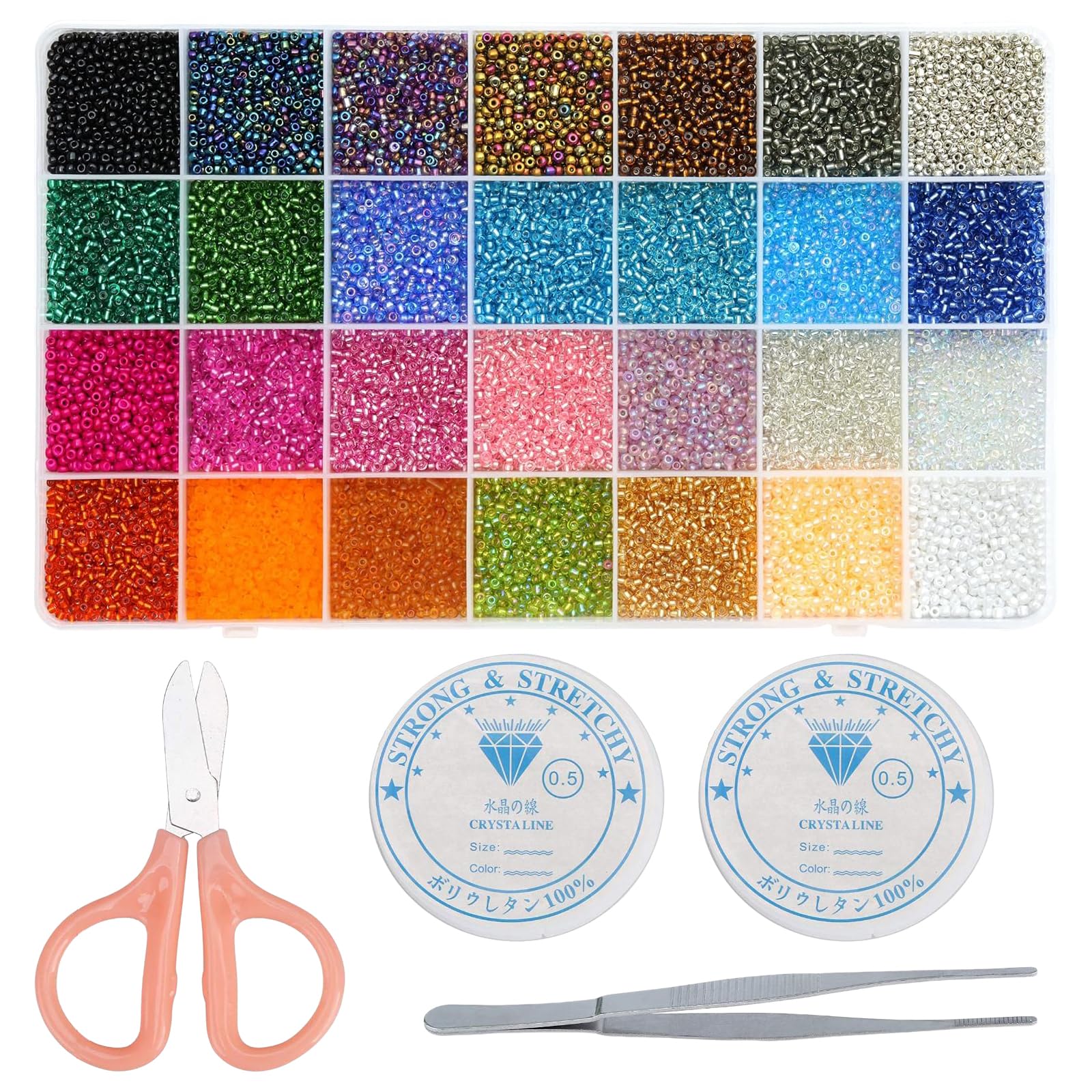 VEGCOO 24000PCS Glass Seed Beads Kit for Jewelry Making, 28 Colors 2mm Small Round Beads for Bracelets Necklace DIY Crafts, Complete Set with Scissors Tweezers & 2 Rolls 0.5mm Elastic String