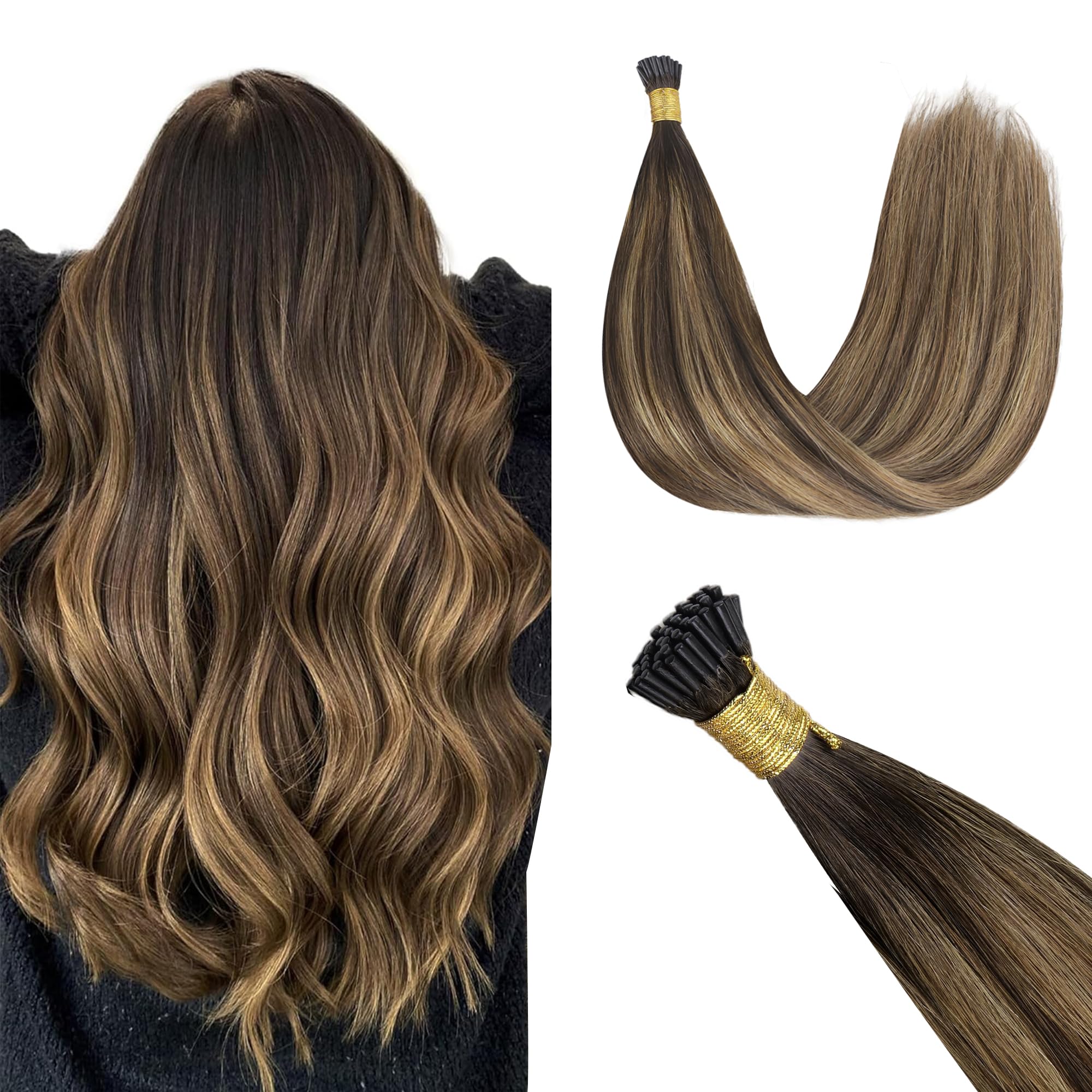 GOO GOO I Tip Hair Extensions - Real Human Hair, 20inch 50g, Cold Fusion, Invisible Remy, 4D/14/5B Brunette Balayage