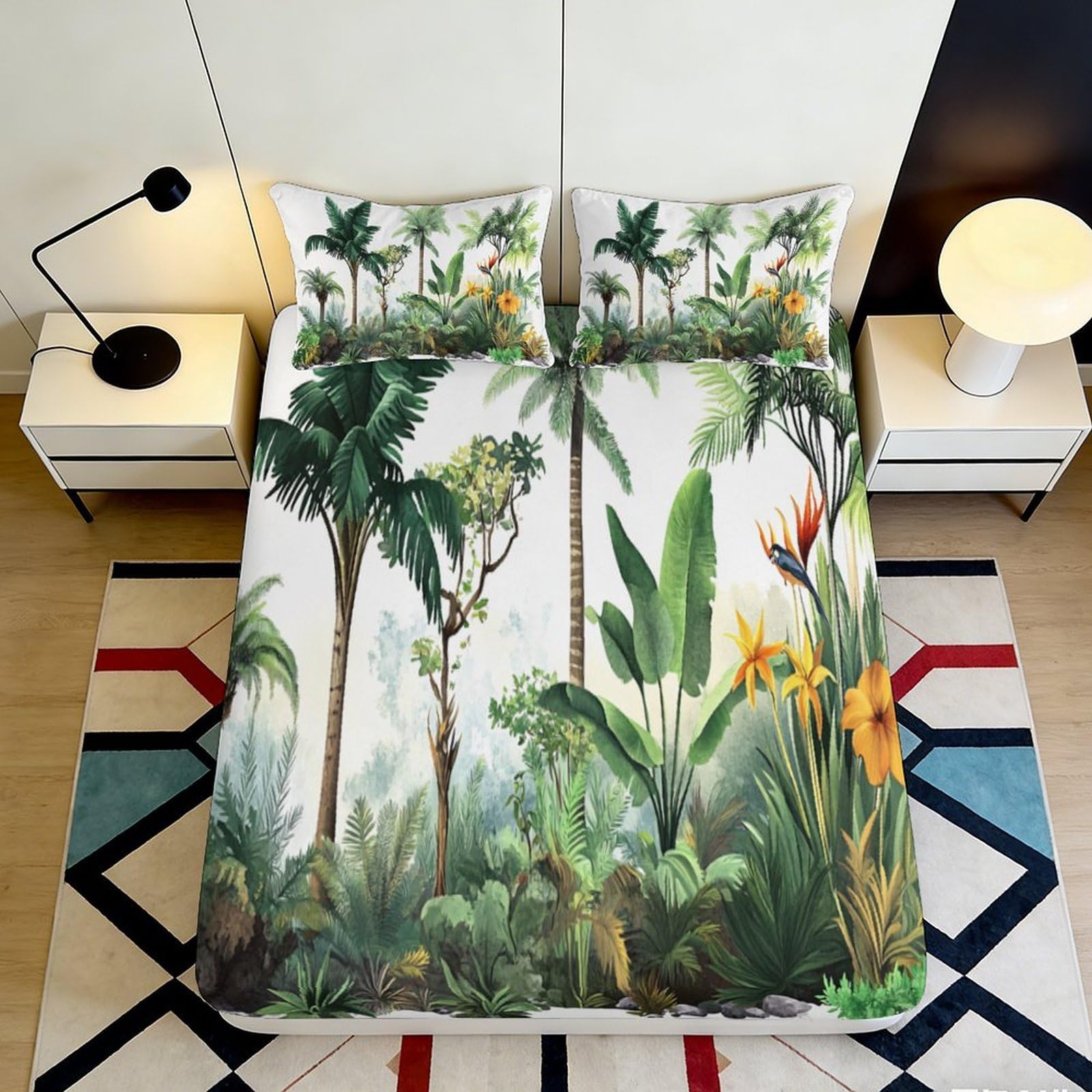 3D Printed Tropical Jungle Fitted Sheet Microfiber Soft Breathable Rainforest Bed Cover for Bedroom Guest Room Decor 140x200x25cm