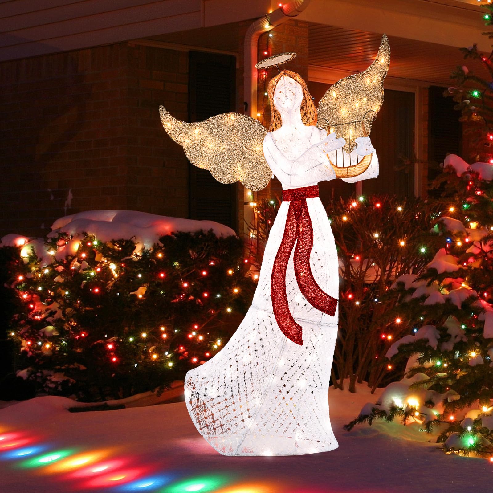 GOPLUS 150cm großer LED Engel mit Harfe, beleuchteter Weihnachtsengel warmweiß mit 120 LED-Lichtern, Weihnachtsbeleuchtung Figur Engel für Außen Innen Weihnachten Dekoration