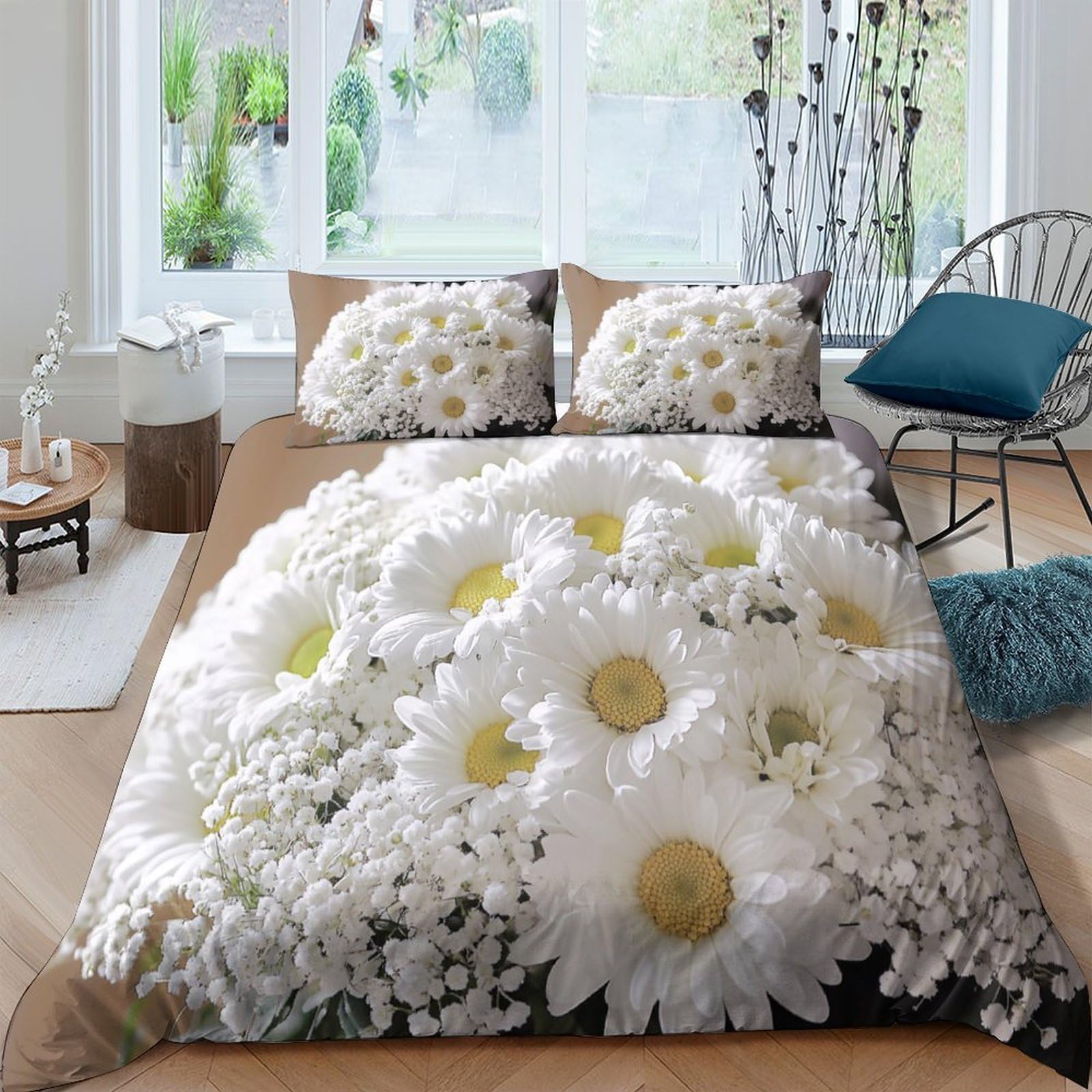Ctjqhvkz Style-8 3D Printed Daisy Flower Fitted Sheet Microfiber Soft White Blossom Mattress Cover For Bedroom Dorm Decor Single（135X200cm）