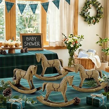4 Pcs Wooden Rocking Horse Statue, Baby Shower Rocking Horse Table Decor Vintage Animal Figurine for Blue Green Tartan Plaids Wedding Birthday Party Mini Sculpture for Cabinet Desktop Shelf
