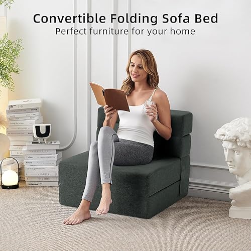 Miniatura 6 de Sofá cama plegable convertible  Silla de cama con almohada, moderna tela de lino para suelo y futón, colchón plegable para sala de