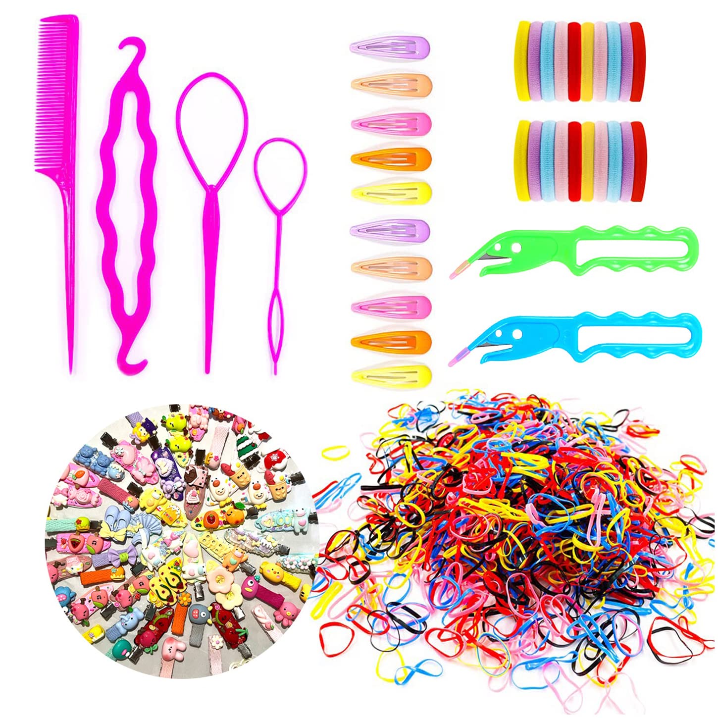 2000Pcs Color Elastic Hair Ties 2Pcs Rubber Hair Band Remover Cutter 4Pcs Topsy Tail Hair Tool 20Pcs Toddler Hair Ties 10Pcs Snap Hair Clips for toddler Baby Girls Pain Free Ponytail