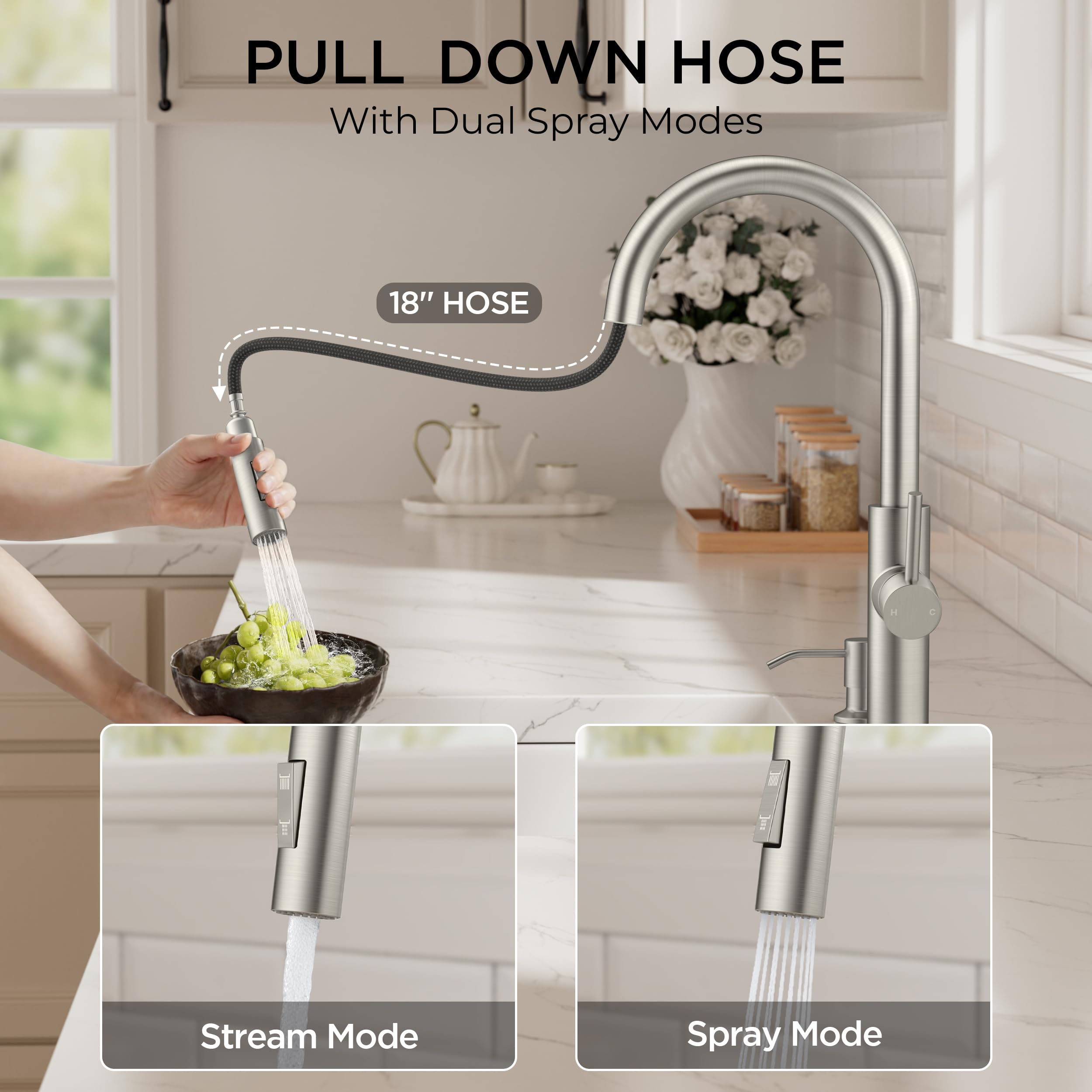 Grifo de Cocina con rociador desplegable + 5 Modos de caño, Grifo de Cocina en Cascada, níquel Cepillado