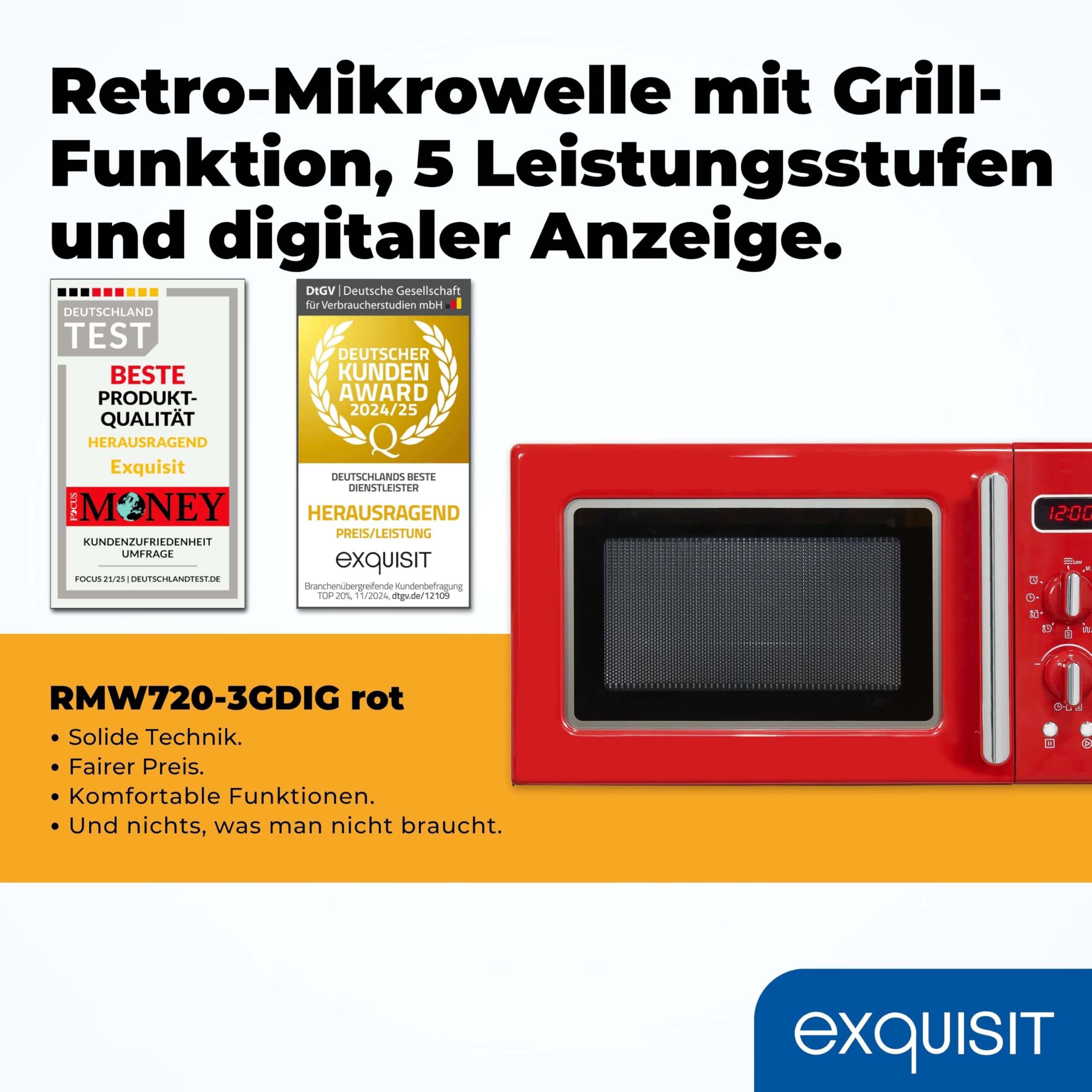 Exquisit Retro-Mikrowelle rot mit Grill, 20 L, 700 W, 5 Leistungsstufen | 25,5 cm Drehteller, 1000 W Grill, Timer bis 90 Min, Kindersicherung, Digitaldisplay – entwickelt nach deutschen Richtlinien