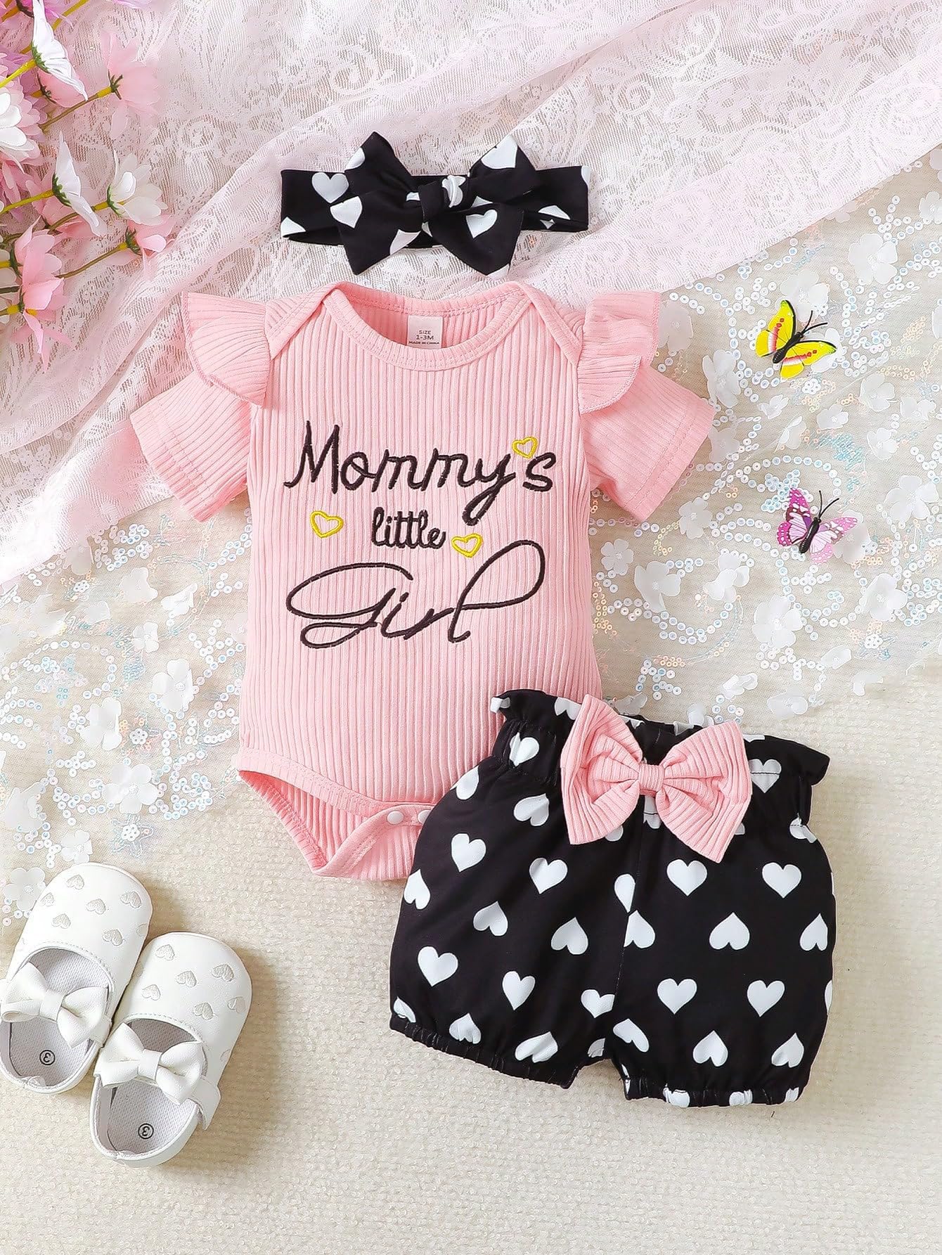 Conjunto de 3 piezas para bebé niña con mangas acanaladas con volantes, pantalones cortos y diadema con lazo