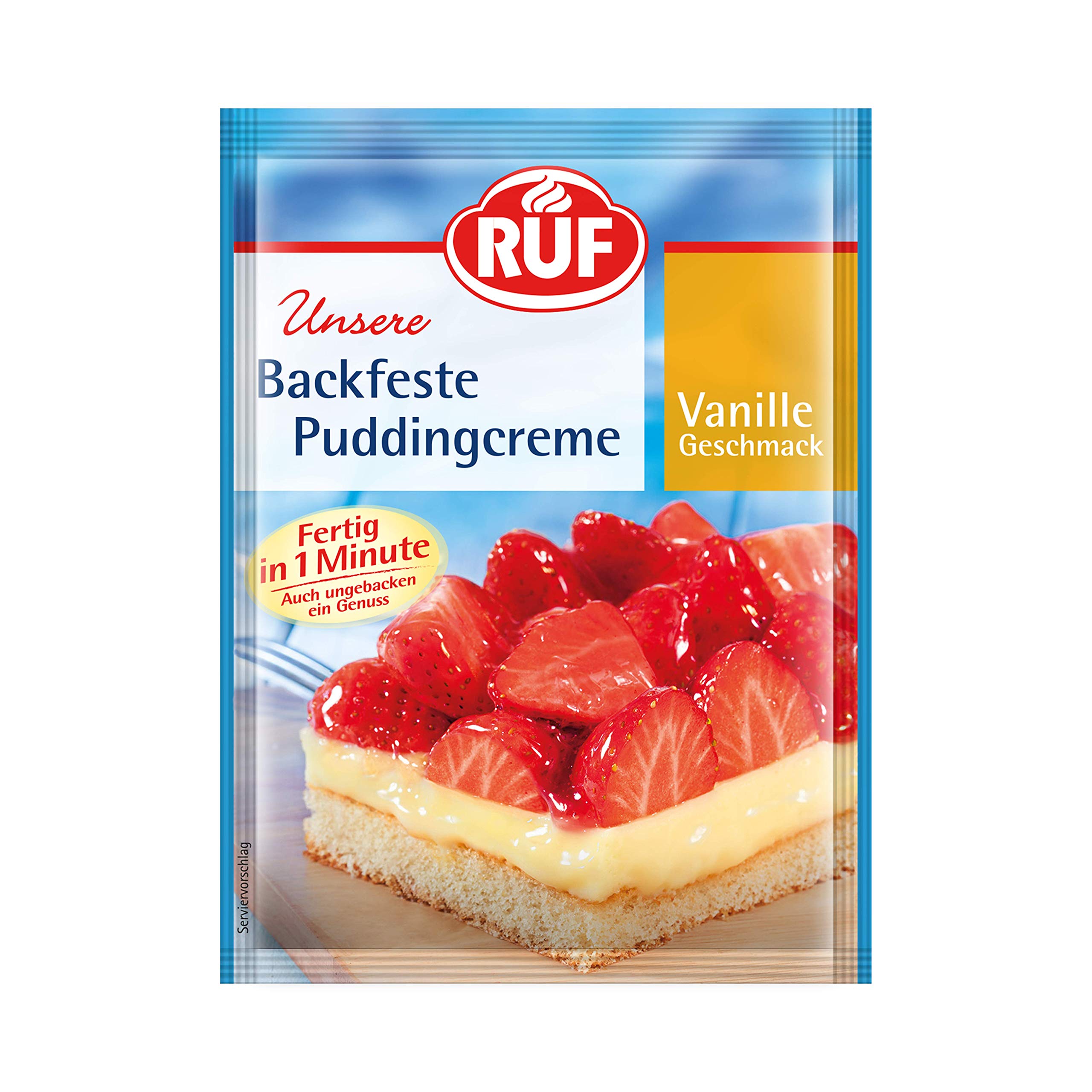 RUF Backfeste Puddingcreme mit Vanille-Geschmack, Puddingpulver als Grundlage für Erdbeerkuchen & Obst-Törtchen, schnell zubereitet, glutenfrei, 42g