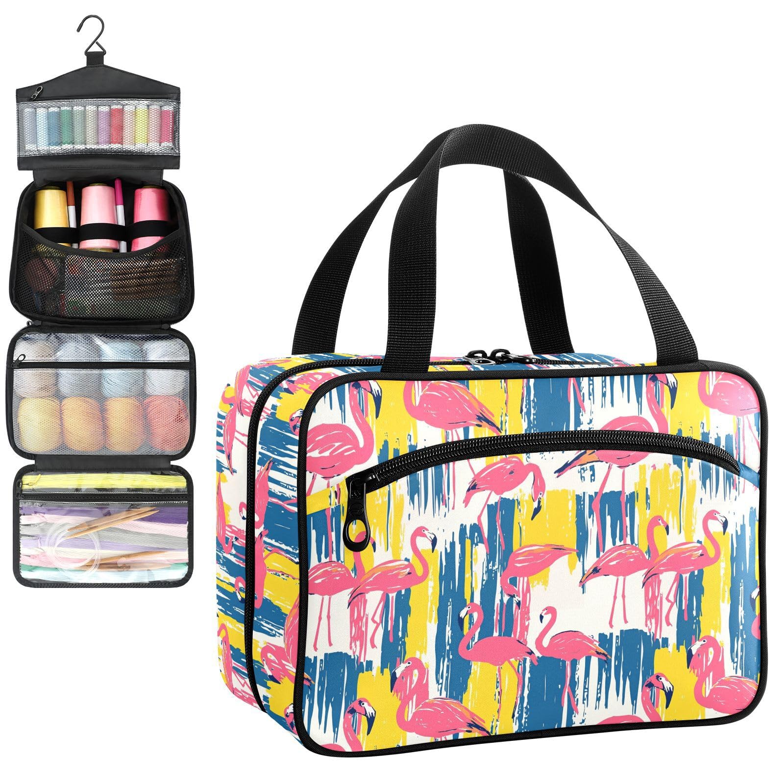 YNNALE Sewing Supply Organizer Bag, Colorful Flamingo Patterns Abstract Portable Sewing Bags with Pockets&Hanger, Sewing Storage Box Case for Sew Supplies/Kit/Tools/Accessories (BAG ONLY)