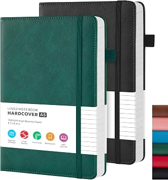 FOCUS DAY 2 Pack A5 Journal Notebook, Faux Leather Notebook Journal for Men/Women, Hardback Note Book with 100GSM Lined Paper, No Bleed, for Office School Supplies, 14.5 x 21.3 cm, Green & Black