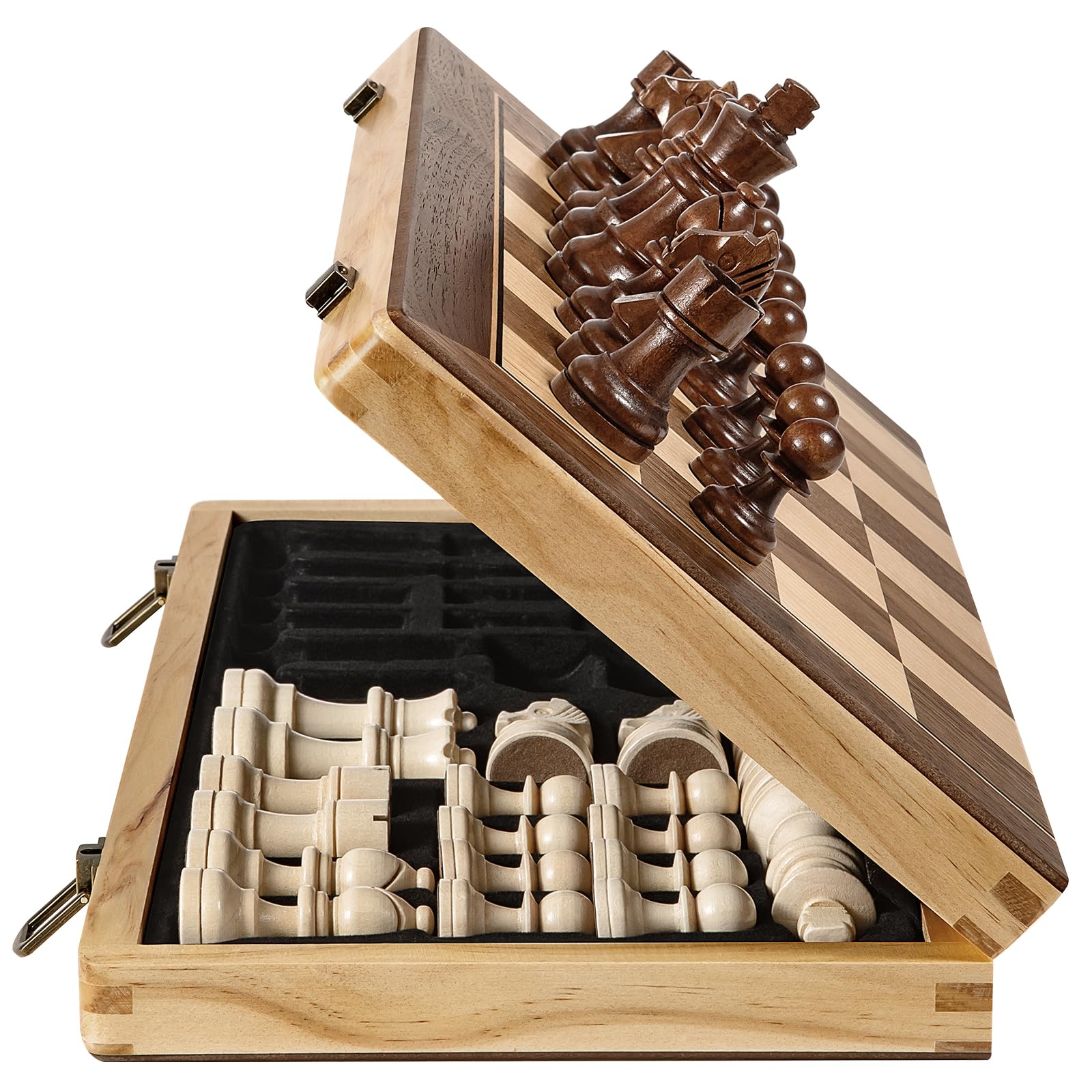 Schachspiel 38x38 cm Magnetisch Holz, Schachbrett Holz, 2-in-1 Schach & Dame, Reiseschach für Erwachsene und Kinder, Klappbares Schachspiel
