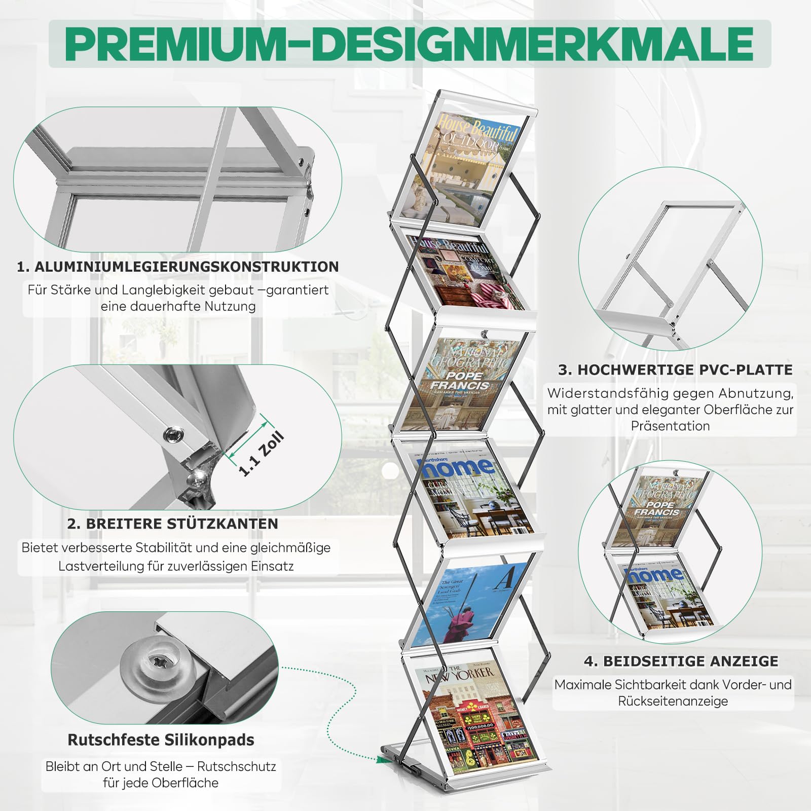 SUNDOY Tragbarer A4 Prospektständer mit 6 Ausstellungsfächern – Beidseitiger, faltbarer Bodenständer für Broschüren, Flyer, Zeitschriften und Kataloge für Ausstellungen, Showroom & Empfang
