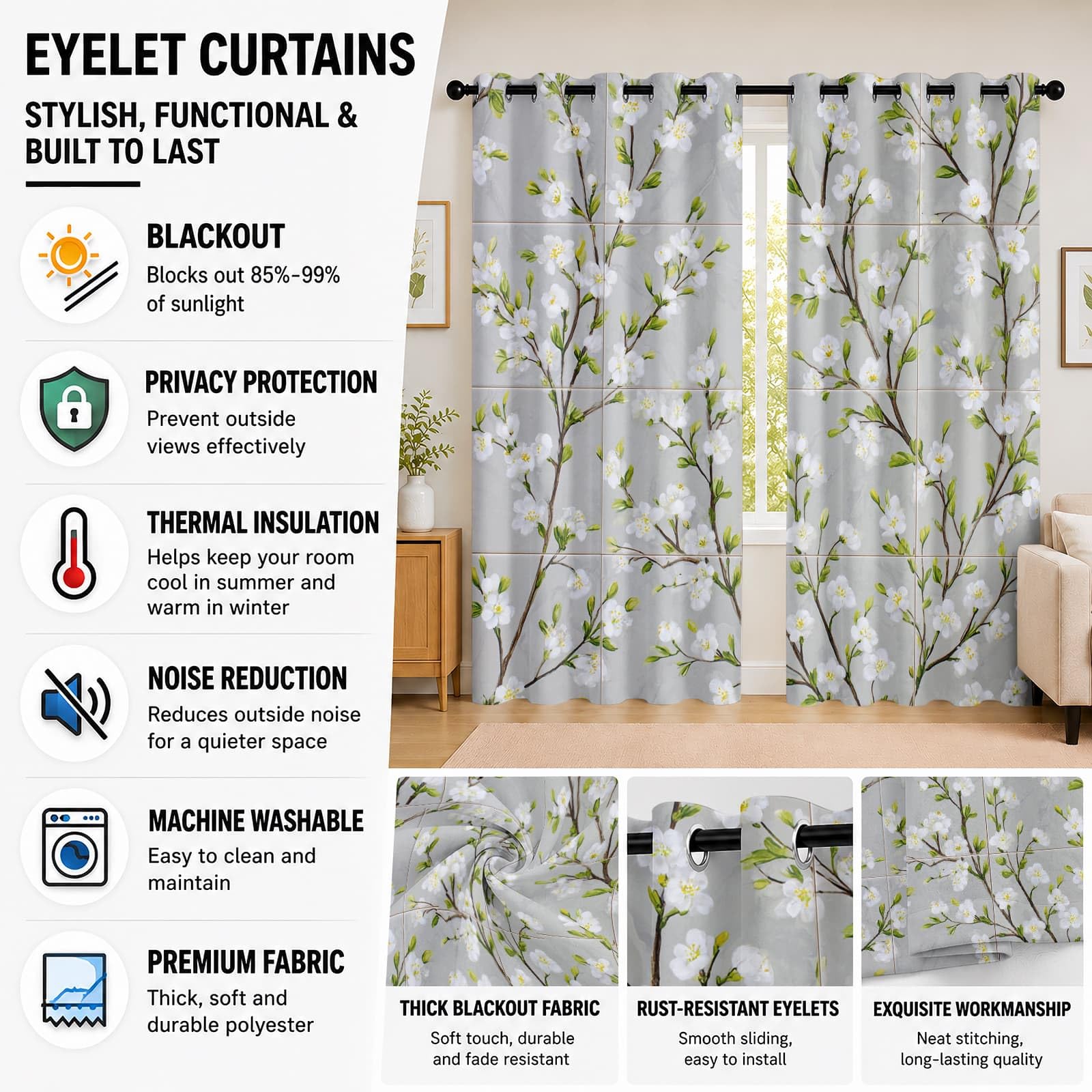Genérico Infantil Cortinas Opacas Aislantes 2 Paneles 140An x 260Al cm Estilo RúStico Plantas Y Flores Suave Poliéster Termicas Cortina con Ojales Gris para Salon Dormitorio Oficina Hogar Decorativa