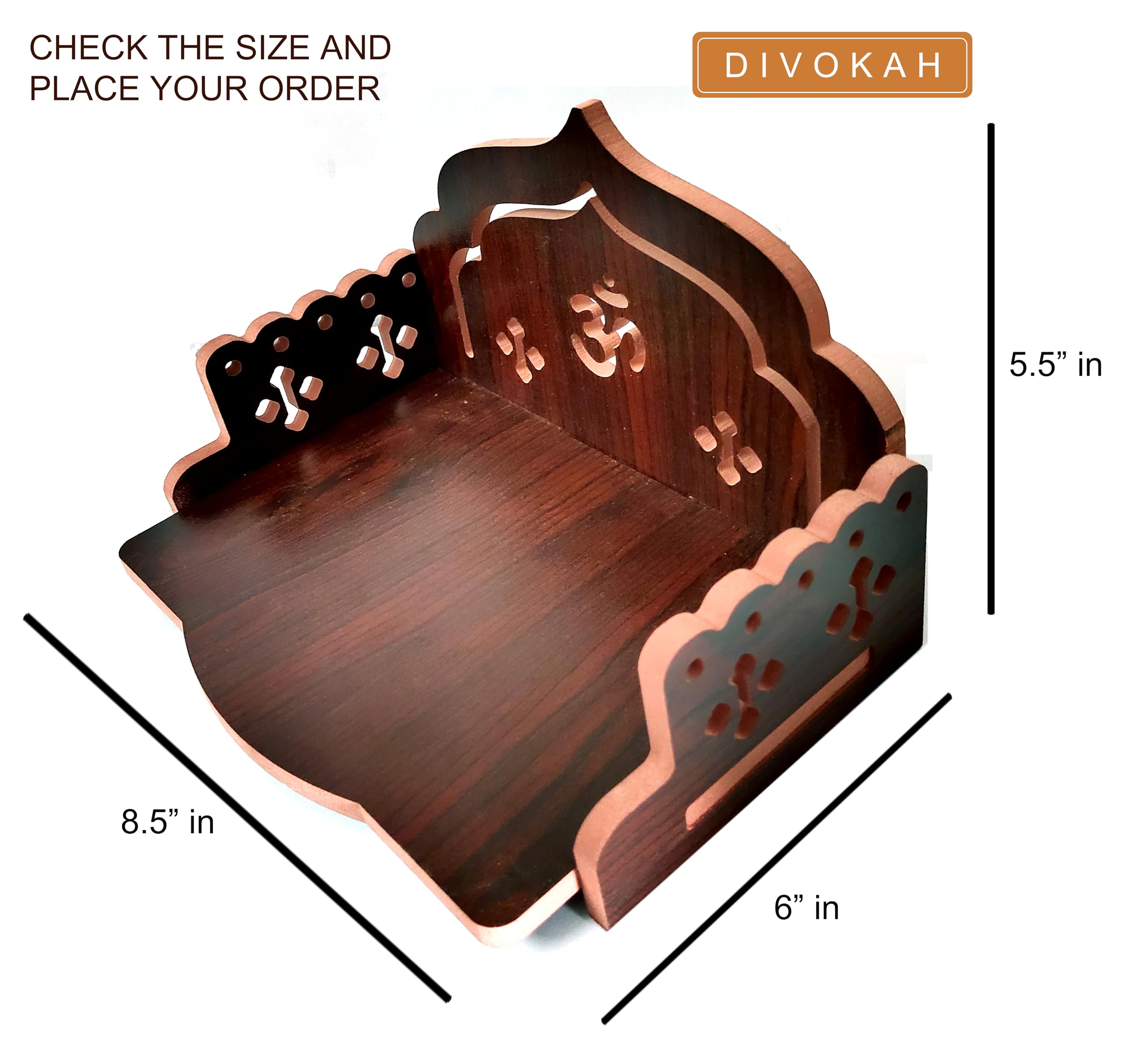 DIVOKAH® MDF Small Wooden Temple/wall Shelves/sinhasan/Pooja Stand/Hindola (8.5 in * 6 in * 5.5 in) (8 MM Plywood Thickness) (ROSWD_OMASAN) 1