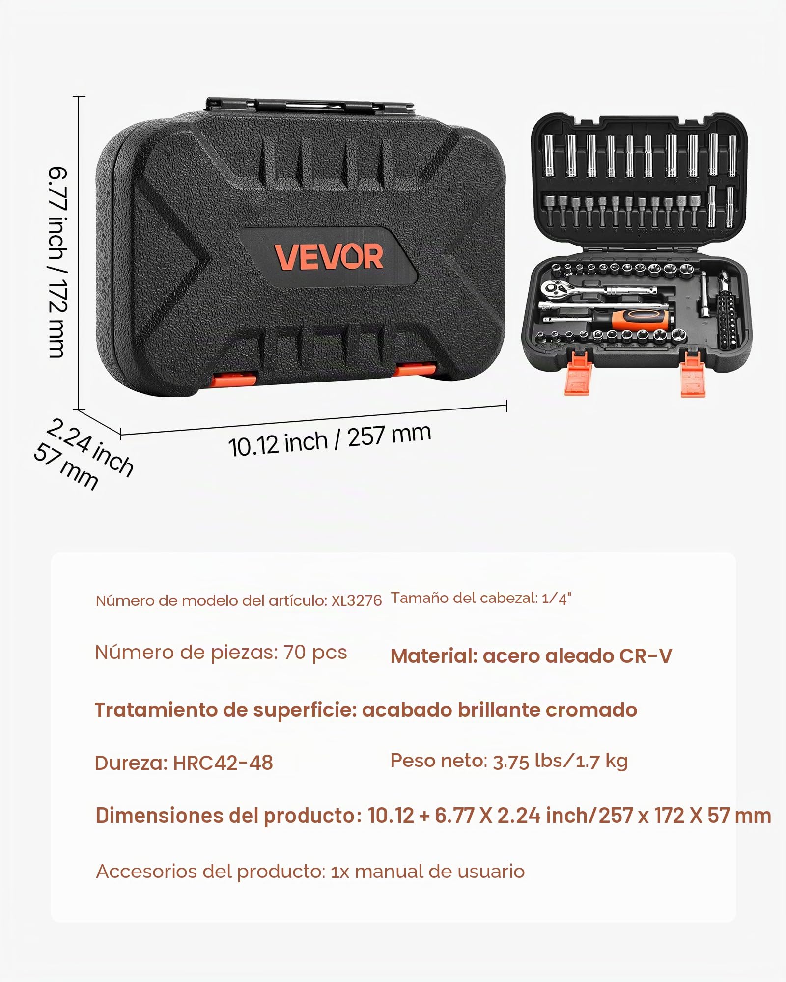 VEVOR Juego de Llaves de Vaso 70 uds, con Llaves de Trinquete, Accionamiento 6,4 mm, SAE y Métricas, con Puntas y Accesorios, Estuche de Almacenamiento, Acero de Aleación CR-V, 257 x 172 x 57 mm
