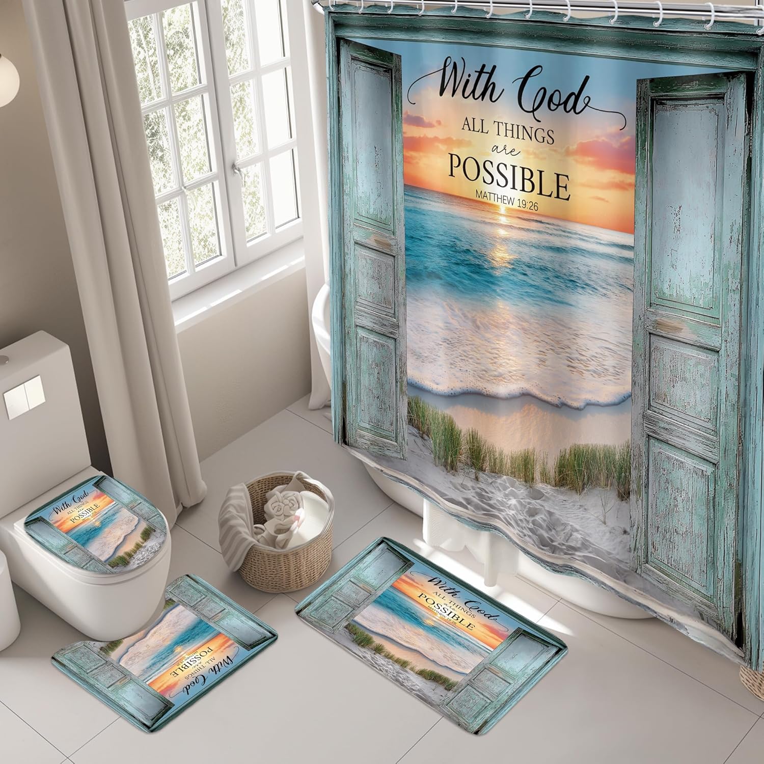 Riyidecor Barn Door Bible Verse 4Pcs Bathroom Shower Curtain Sets Christian Teal Beach Ocean Bathroom Decor Set with Rugs and Accessories Nautical Toilet Lid Rug, Contour and Bath Mat with 12 Hooks