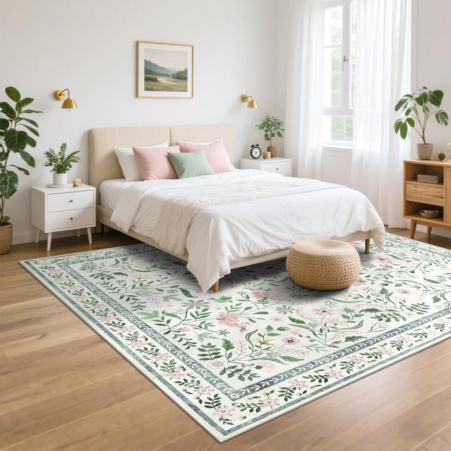 SHACOS 5x7 Floral Area Rugs for Living Room, Machine Washable Vintage Boho Rugs for Bedroom, Non Slip Soft Floral Low-Pile Nursery Carpet for Kids Room Dining Room Entryway Indoor, Green - Image 2
