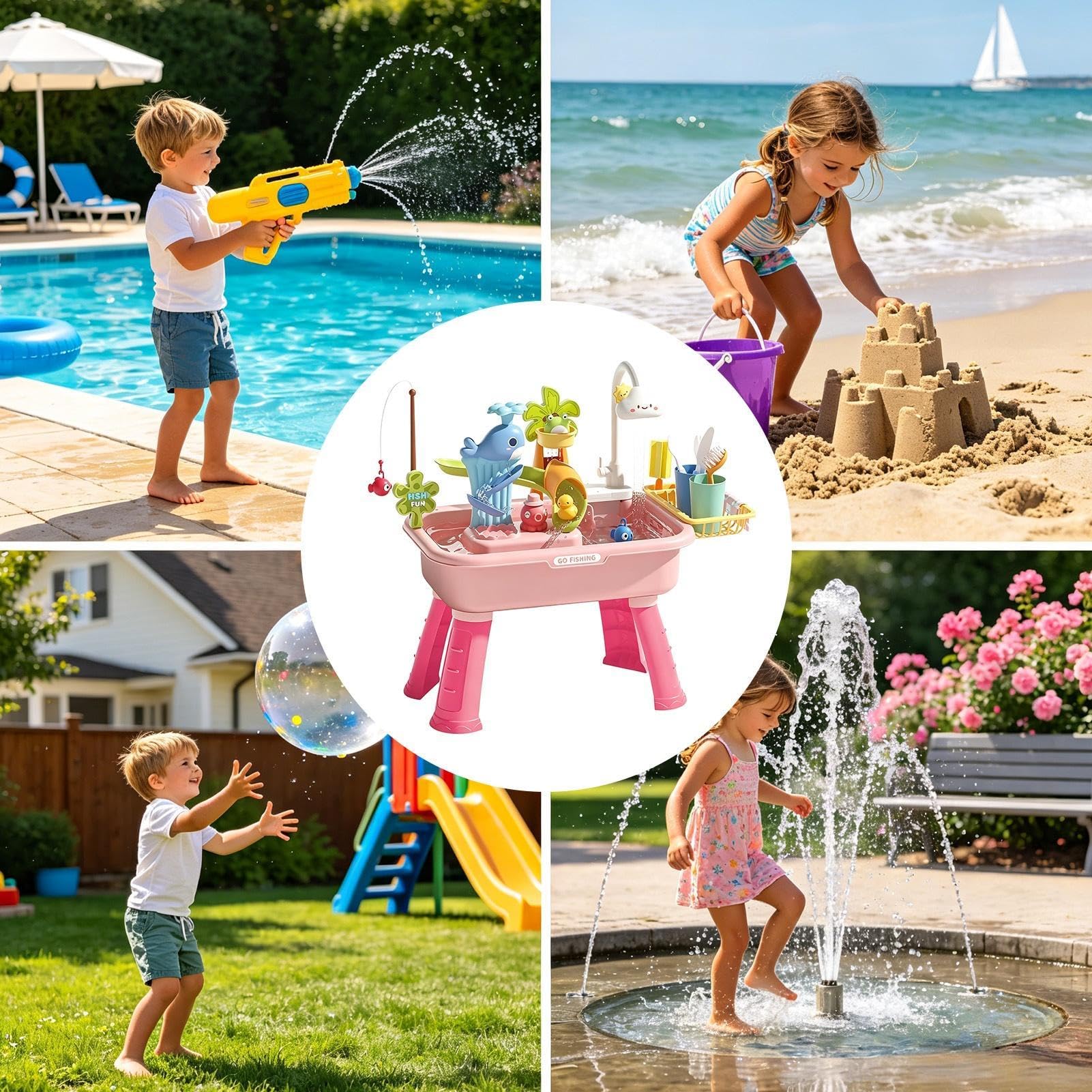Generico Wassertisch für Kinder – Interaktives Spielzeug für Elektropool, Spielset mit Waschbecken und Pool, Kinder und Mädchen drinnen draußen Garten Hof Terrasse Haus