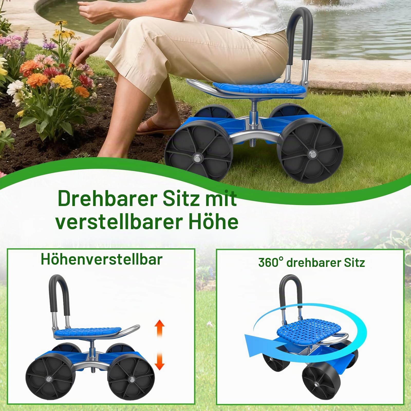 Rollender Gartenwagen, Gartensitz mit Rollen Garten Rollsitz