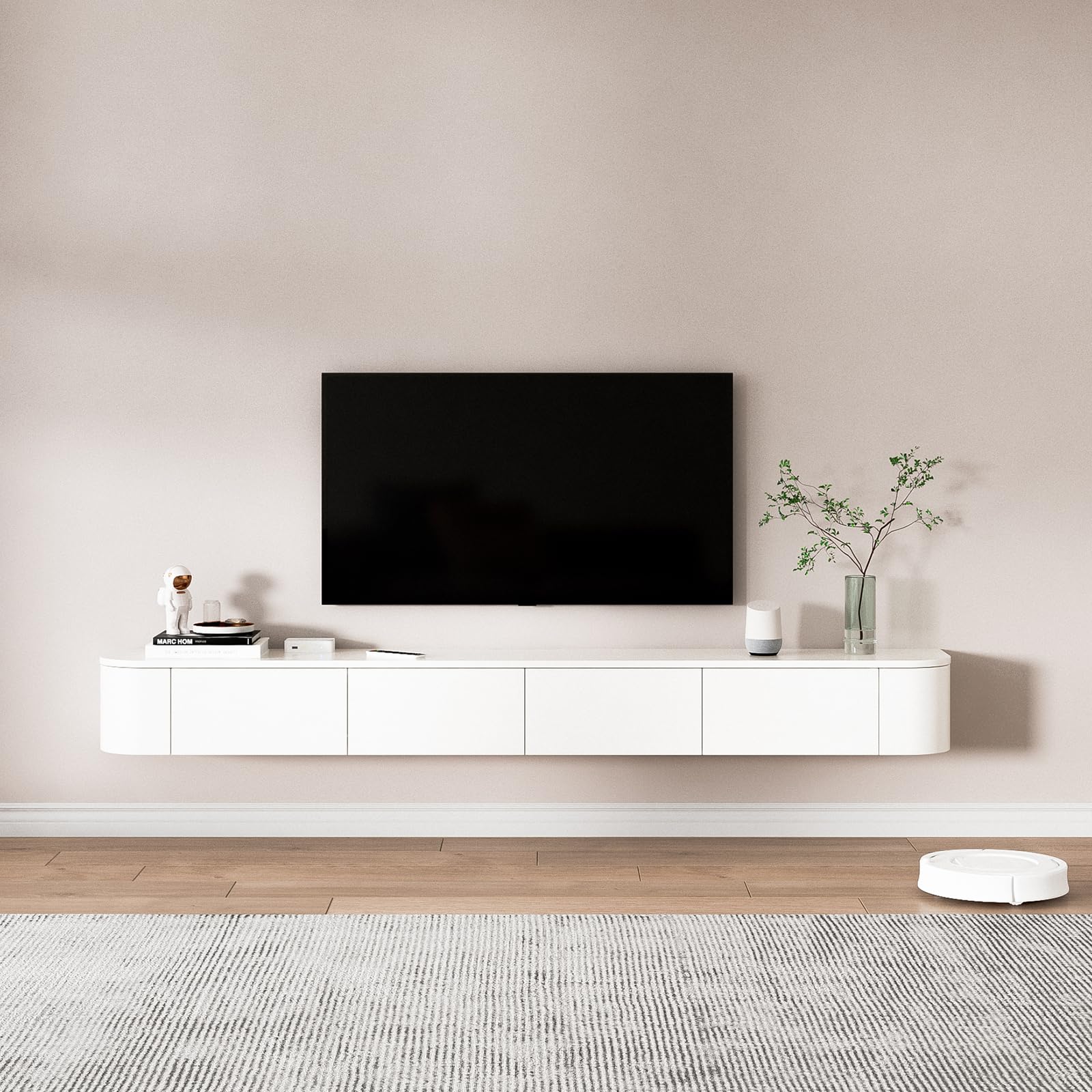 Mobile TV flottante, support TV montato con ante a ribalta e porta laterale, banco di stoccaggio sotto la televisione, per camera da letto e soggiorno (bianco + LED, 160 cm)