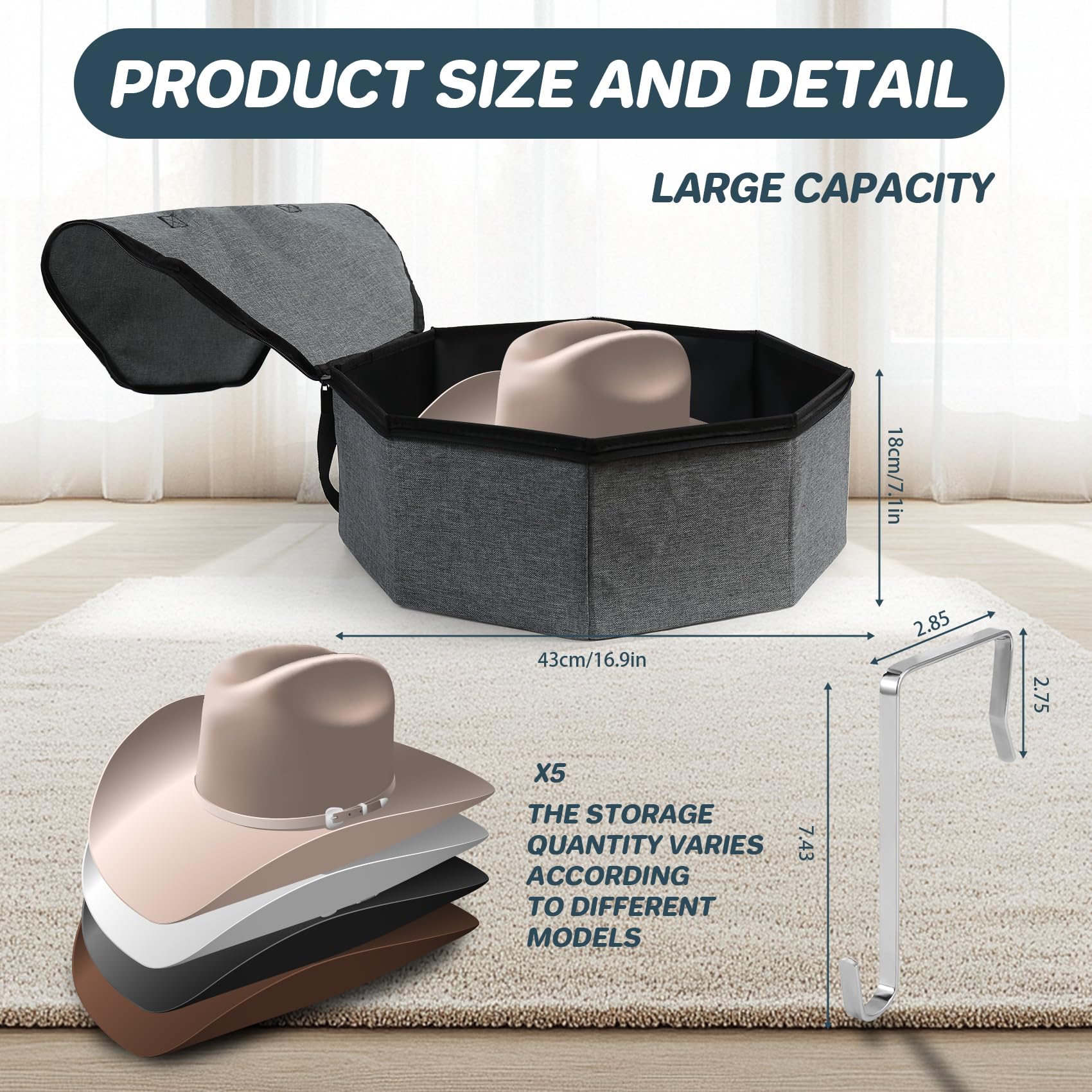 Scatole per cappelli con coperchio, custodia pieghevole per cappelli da baseball con manici e tracolla, scatola rotonda per cappelli con gancio, scatole organizer per cappelli da cowboy