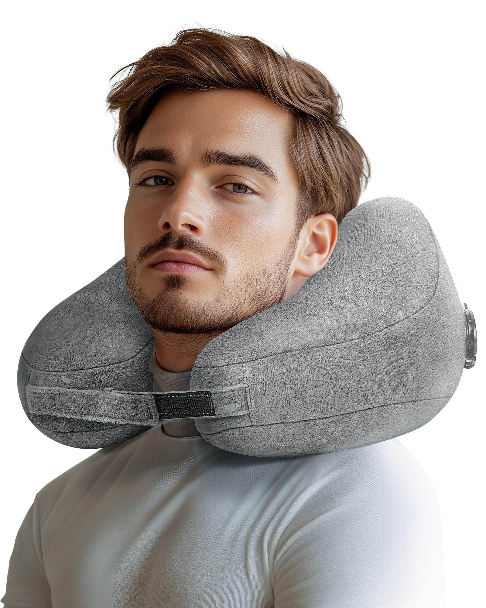 loveheek Travel Pillow Inflatable Neck Pillow Airplane Pillow with Velvet Cover Inflatable Pillow for Car/Train/Plane (Grey, M)