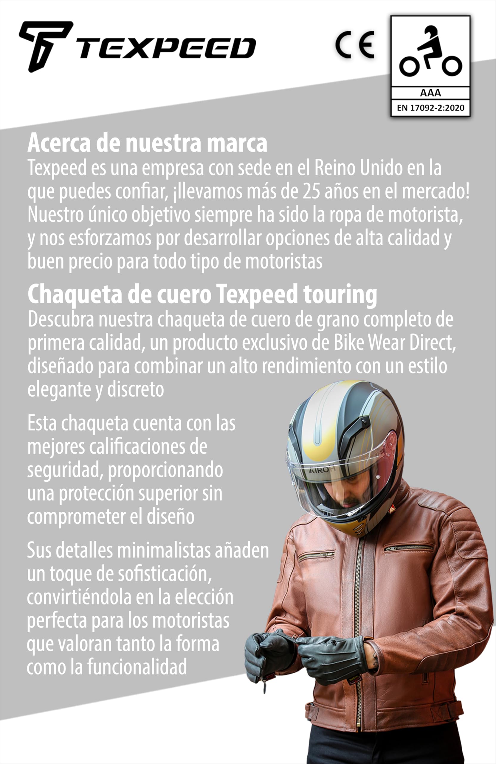 Texpeed Chaqueta de moto de cuero para hombre - Chaqueta de moto Touring con protección de armadura auténtica Biker CE (EN 1621-1) Diseño con costuras acolchadas - Marrón - M
