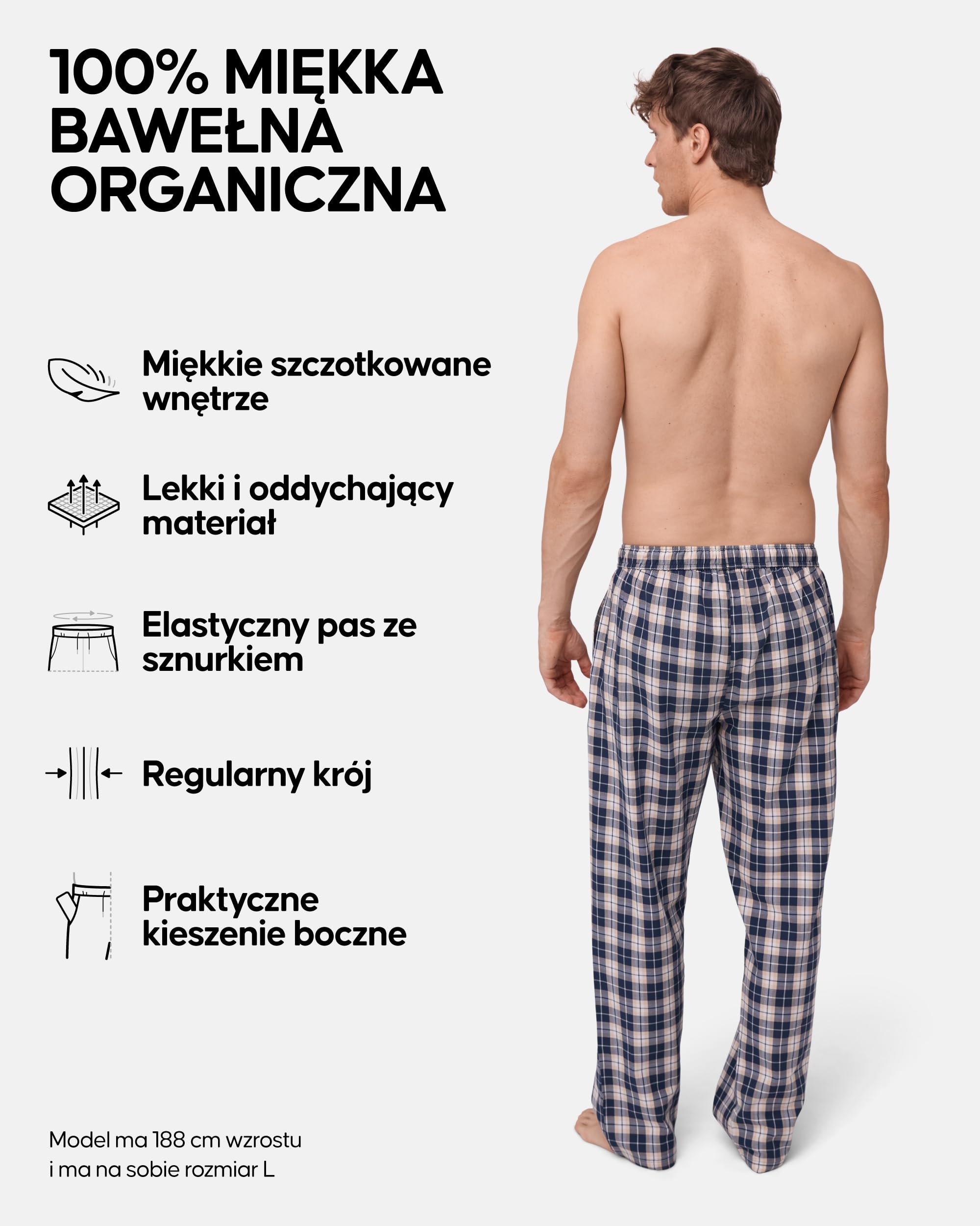 DANISH ENDURANCE Spodnie od Piżamy Męskie, 100% Bawełna Organiczna, Regulowany Sznurek, Luźny Krój