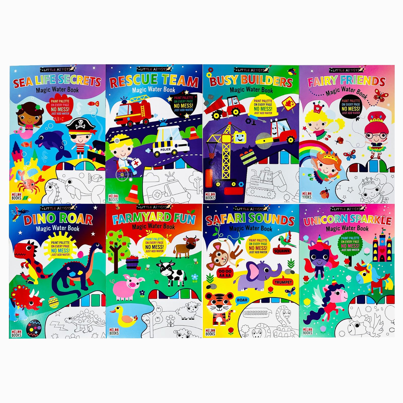 Little Artists Magic Water Book 8 Books Collection Set (Rescue Team, Sea Life Secrets, Unicorn Sparkle, Safari Sounds, Farmyard Fun, Dino Roar, Fairy Friends & Busy Builders)