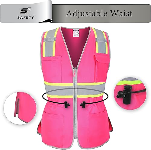 Miniatura 2 de Hi Vis - Chaleco de seguridad para mujer, chaleco de construcción con cordón en la cintura con bolsillos y cremallera, chaleco de seguridad para