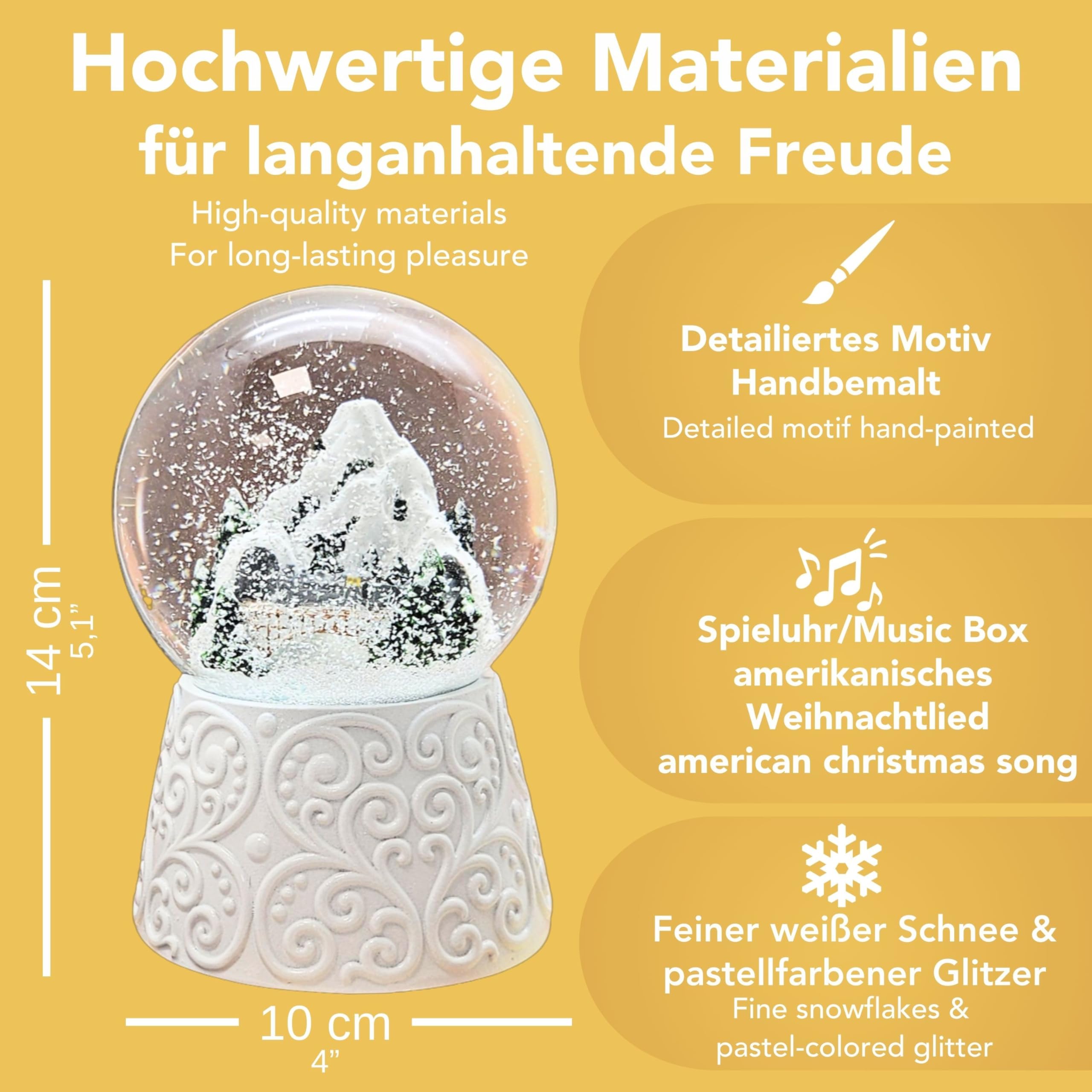 Weihnachts-Schneekugel mit Musik | Berglandschaft mit Brücke | Sockel weiß Ornament | 100mm breit, 140mm hoch | mechanische Spieluhr | Weihnachtsdekoration | 20292
