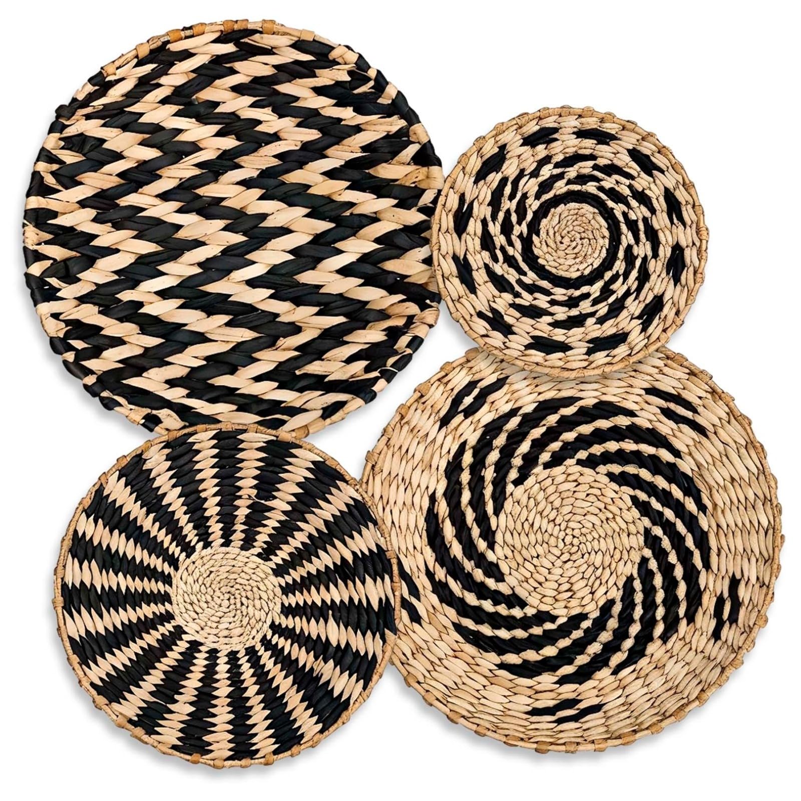 Naturgeflochtene Körbe im nordischen Stil mit Haken, 4-teiliges handgewebtes Seegras-Wanddekor-Set, rustikale Dekotabletts im Bohème-Stil, multifunktionale Wandbehänge im Landhausstil