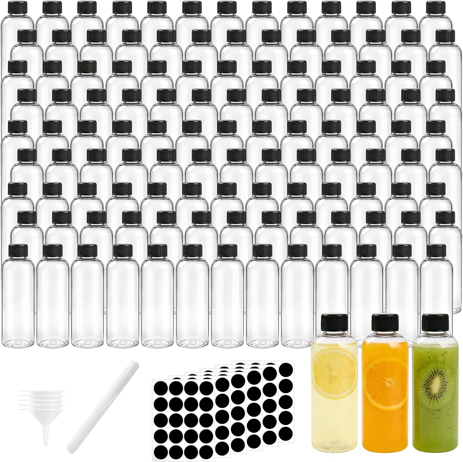 120 Pcs Plastic Juice Bottles with Caps, 4 Oz Clear Empty Shot Bottles Bulk with Label and Pen Reusable Clear Beverage Containers for Milk Drinking Potion Ginger Shots Whiskey