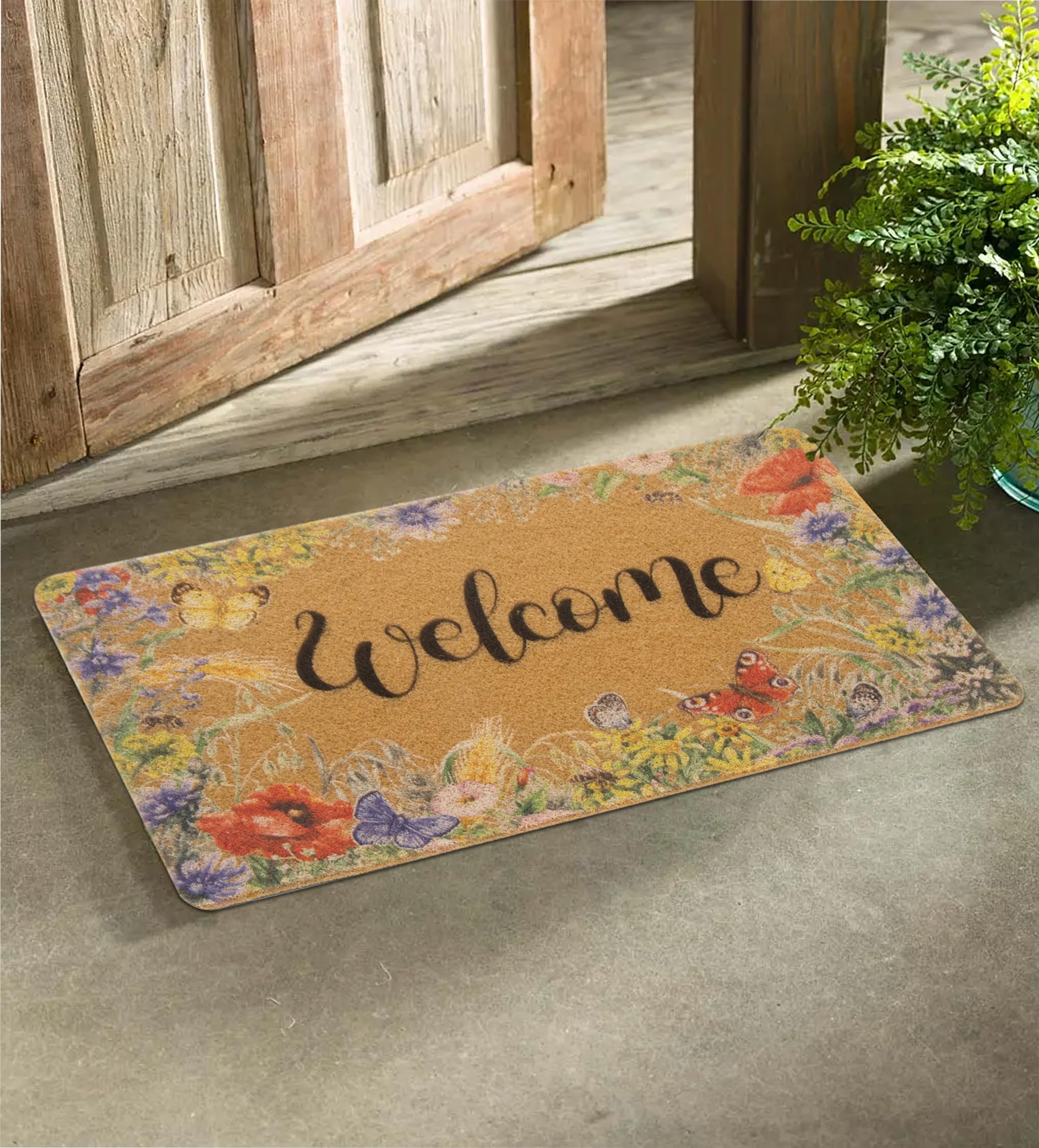 Floral Welcome Mat Non-Slip Coir Doormat Outdoor Indoor - Hello Spring Front Door Mat Entrance Porch Farm House Decorative