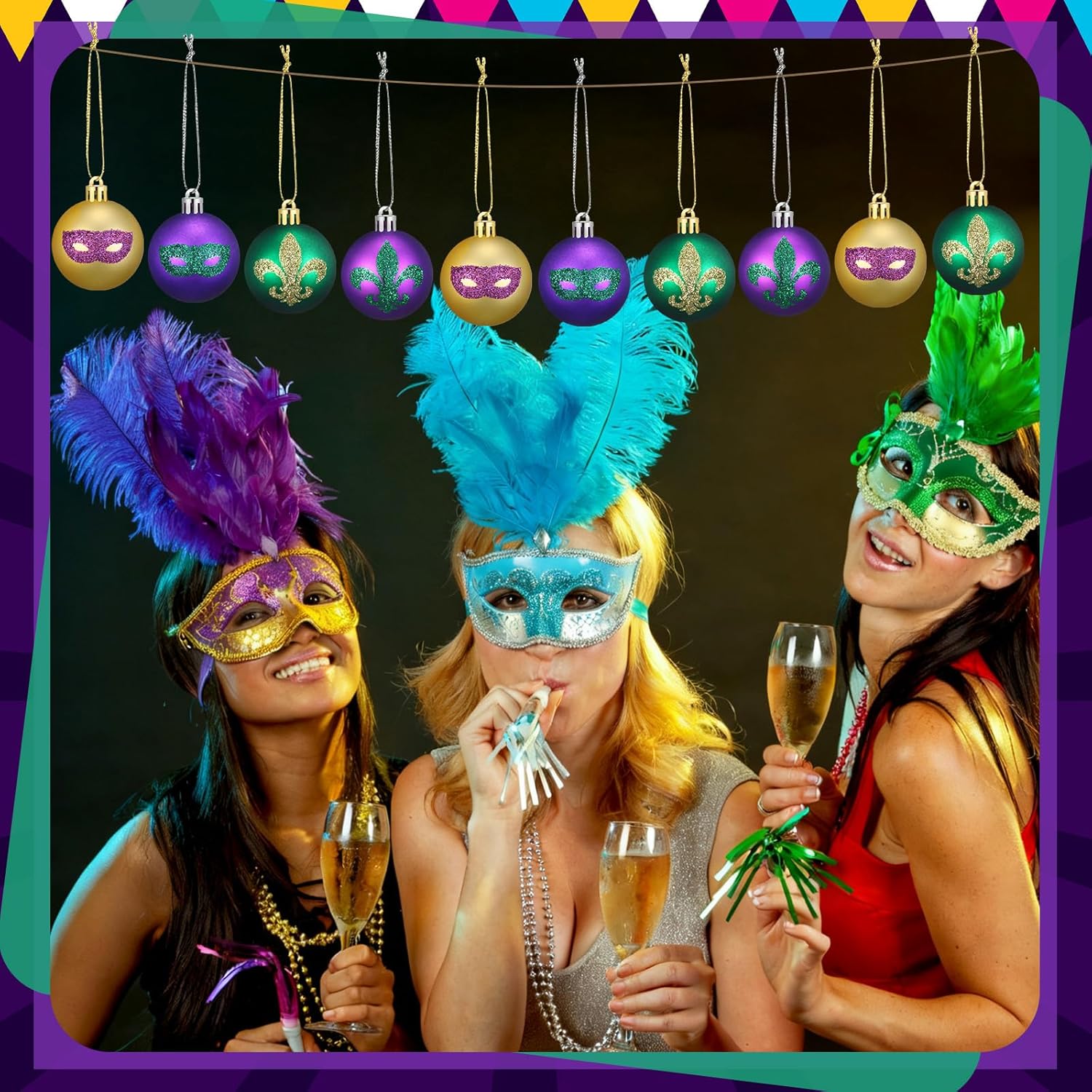 60 Pcs Mardi Gras Hanging Ball Ornament1.57 Inch Mardi Gras Glitter Tree Hanging Decoration Purple Green Gold Ball Ornament Carnival Baubles Padent for New Orlean Carnival Masquerade Party Decor - Image 6