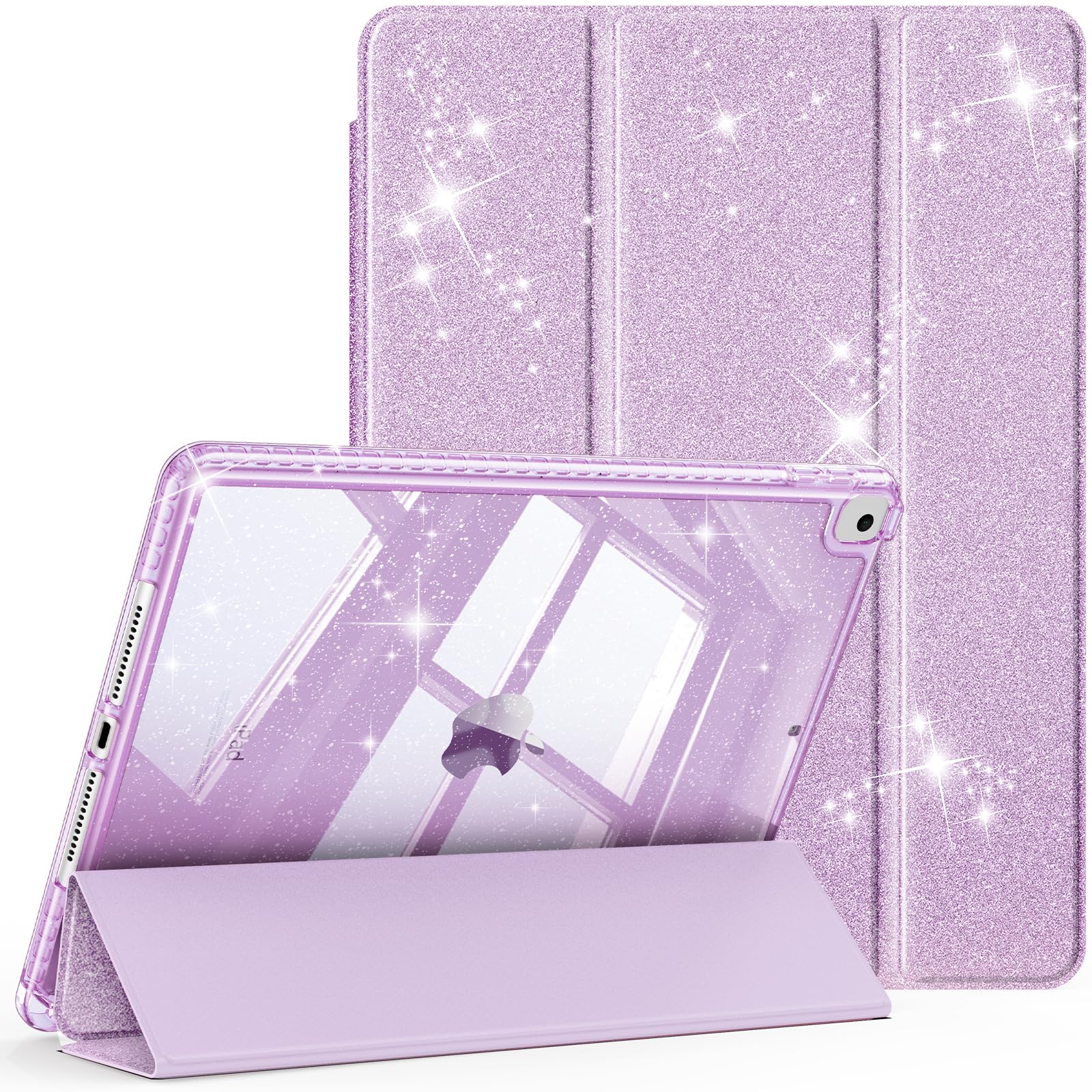 Fintie Glitzer Hülle für iPad 10.2 Zoll 9/8/7 Generation Case (2021/2020/2019 Modell)‌ – Transparente Glitzer-Schutzhülle mit Stifthalter, Stoßfest Glänzender Rückseite & Auto Sleep/Wake, Taro Lila