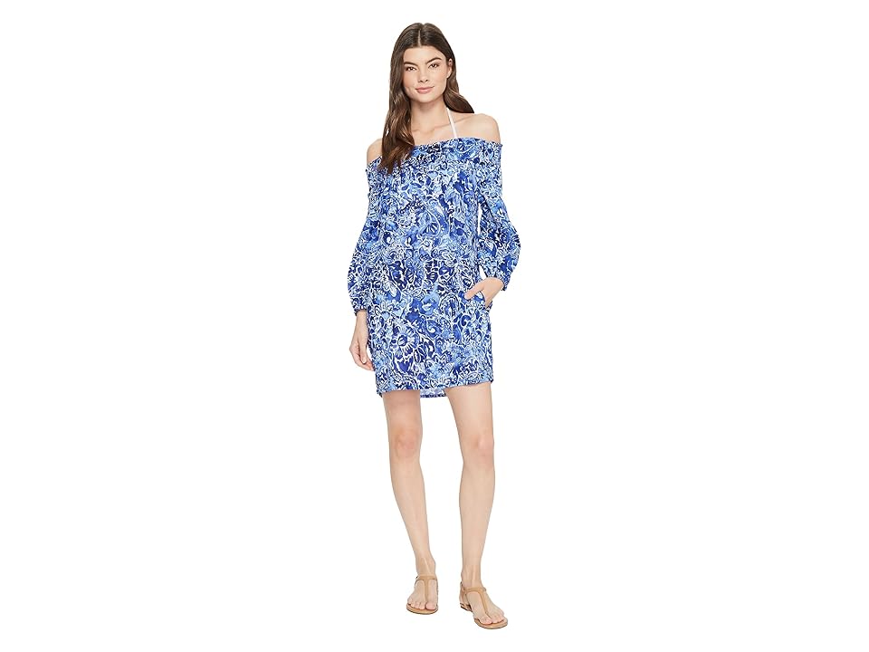 

LAUREN Ralph Lauren Playa Floral Smocked Off the Shoulder Tunic Cover-Up (Blue) Women's Swimwear