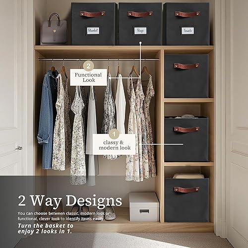 Miniatura 4 de DECOMOMO Cesta de almacenamiento de 13 x 15 x 13 pulgadas, organizadores de armario de lino y cestas de almacenamiento con asas para estantes